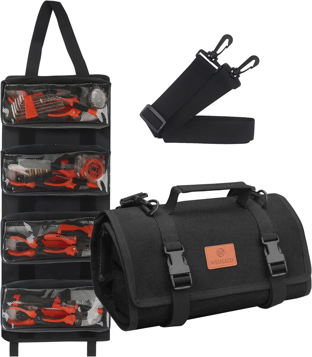 Rollo de herramientas – Organizador de herramientas de llave de lona con 4 bolsillos (negro)