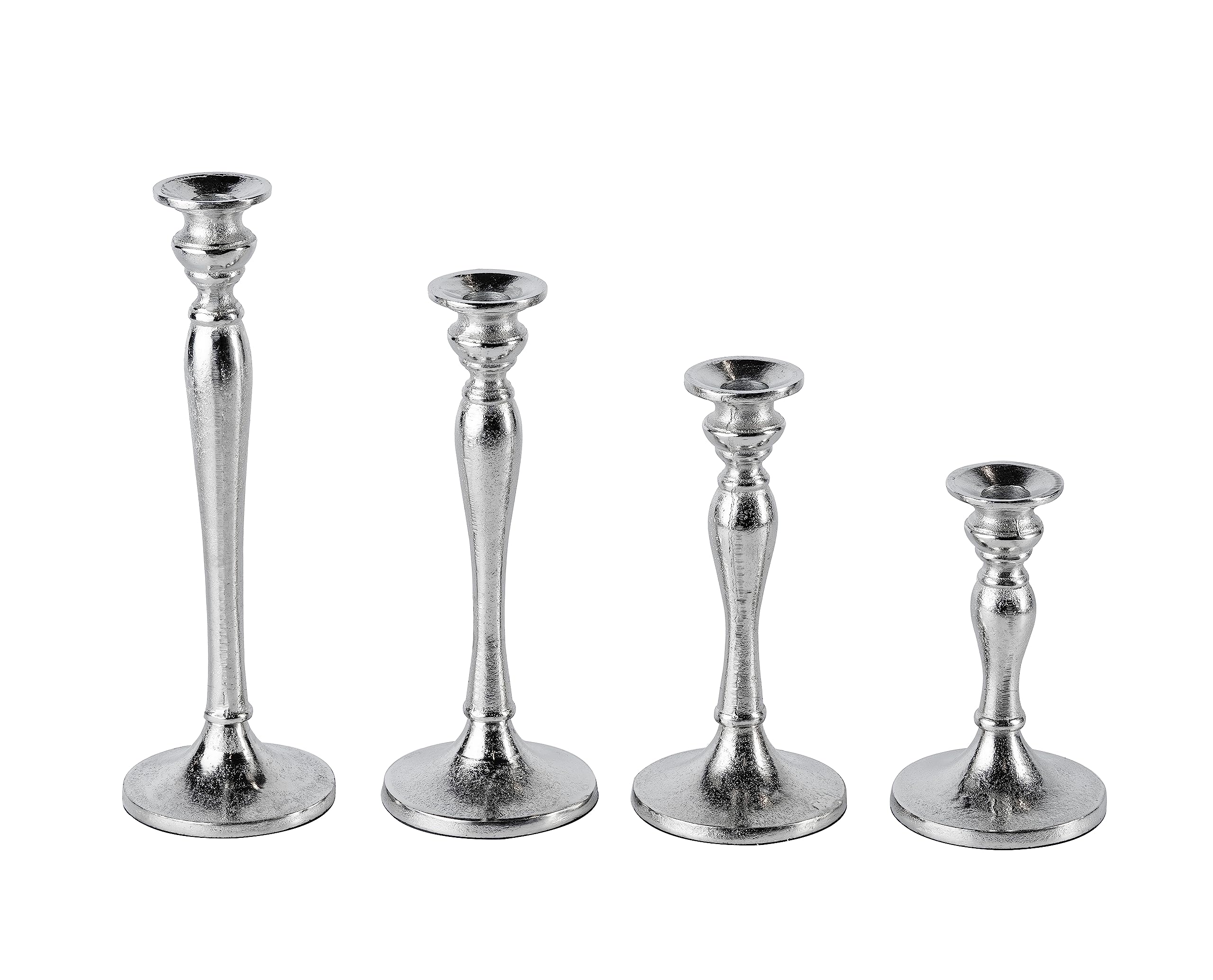 Zestaw 4 świeczników aluminiowych, srebrnych, dekoracyjnych, nowoczesnych, do świec prętowych, dekoracja stołu, dekoracja do salonu, wys. 16, 21, 26 i 30 cm