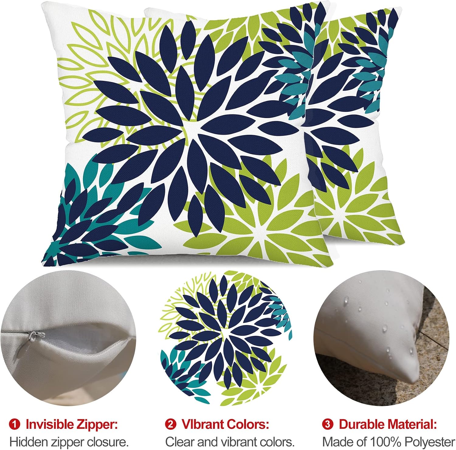 DFXSZ Navy Blue Flower Pillow Covers 16x16 Inch Set of 2 White Gray Colored Throw Pillows Outdoor Waterproof Decor for Living Room Sofa Patio Funiture Garden Floral Polyester Pillow Covers 002P16