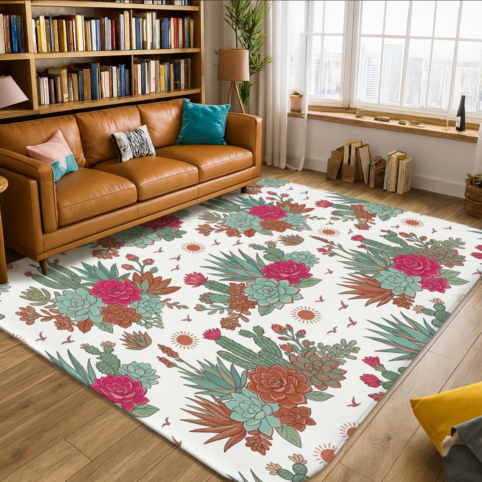 Alfombra cactus estética y lavable de esponja: confort floral verde para tu salón