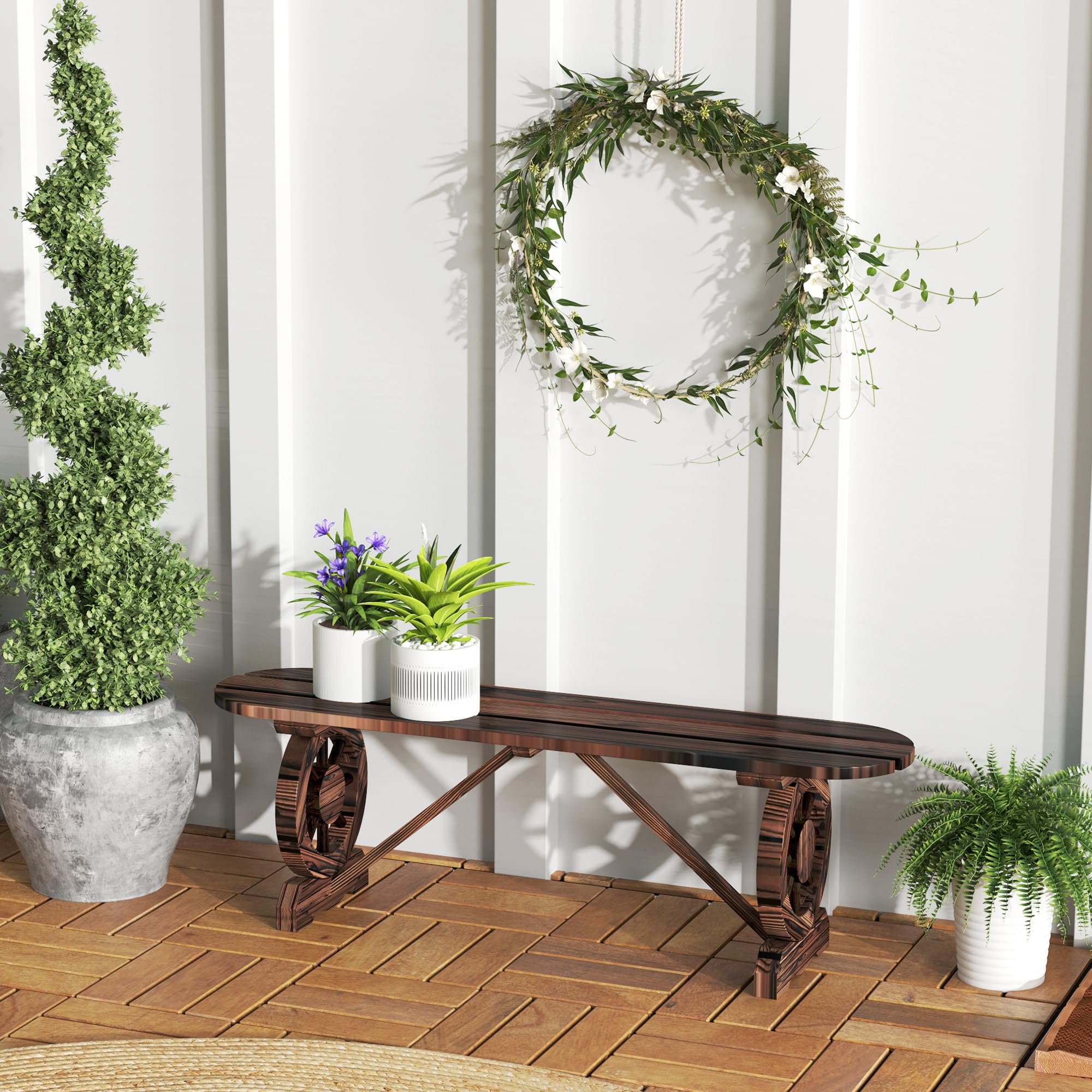 Outsunny Panca da Giardino con Gambe a Ruota di Carro, Panchina da Esterno 2 Posti Stile Rustico con Seduta a Doghe, 120x29x39cm, Marrone