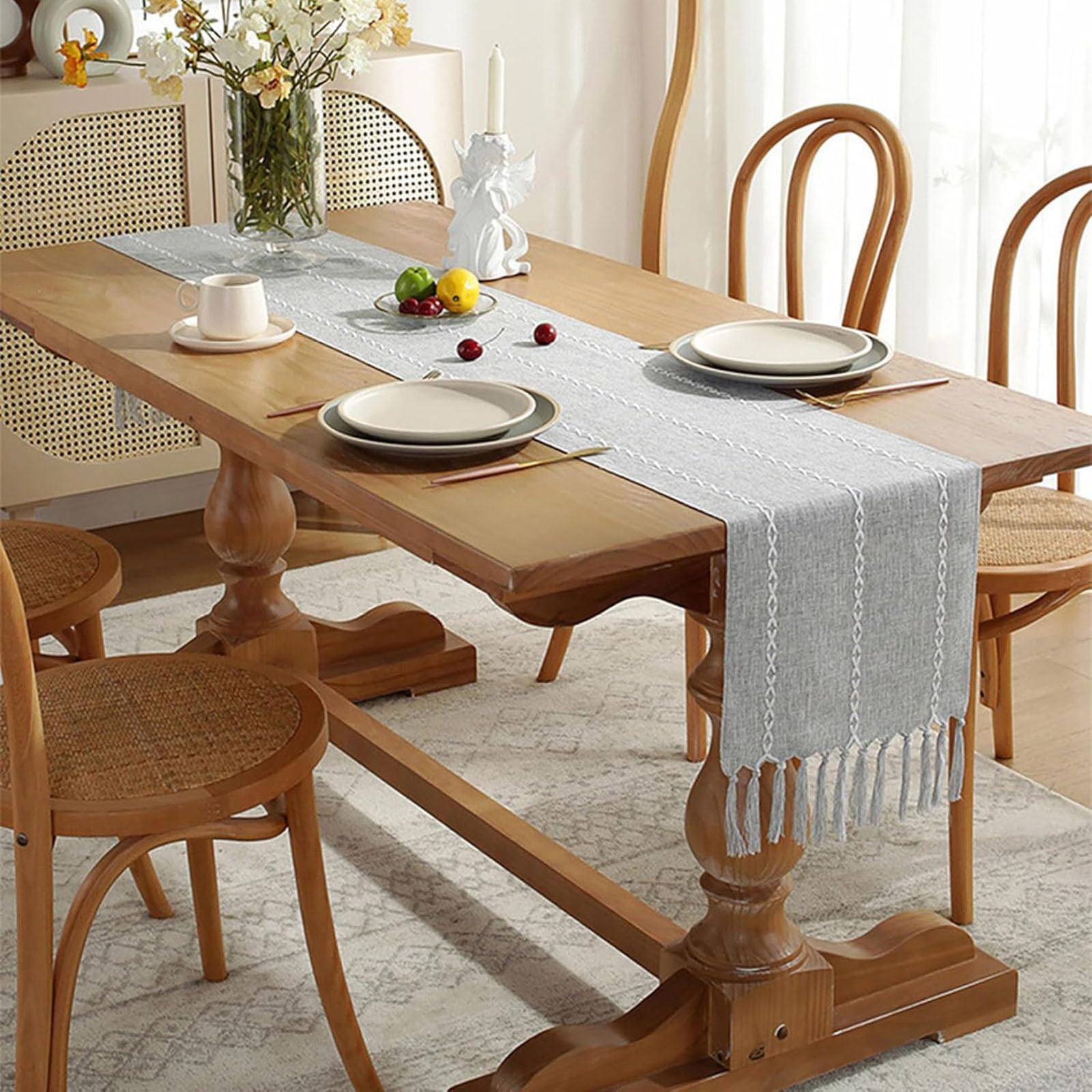 Runner da tavola in cotone e lino con nappe a mano, stile rustico, decorazione per tavolo da cucina, nappa lunga 10 cm, per feste, sala da pranzo, decorazione da tavolo da dessert, adatto per autunno