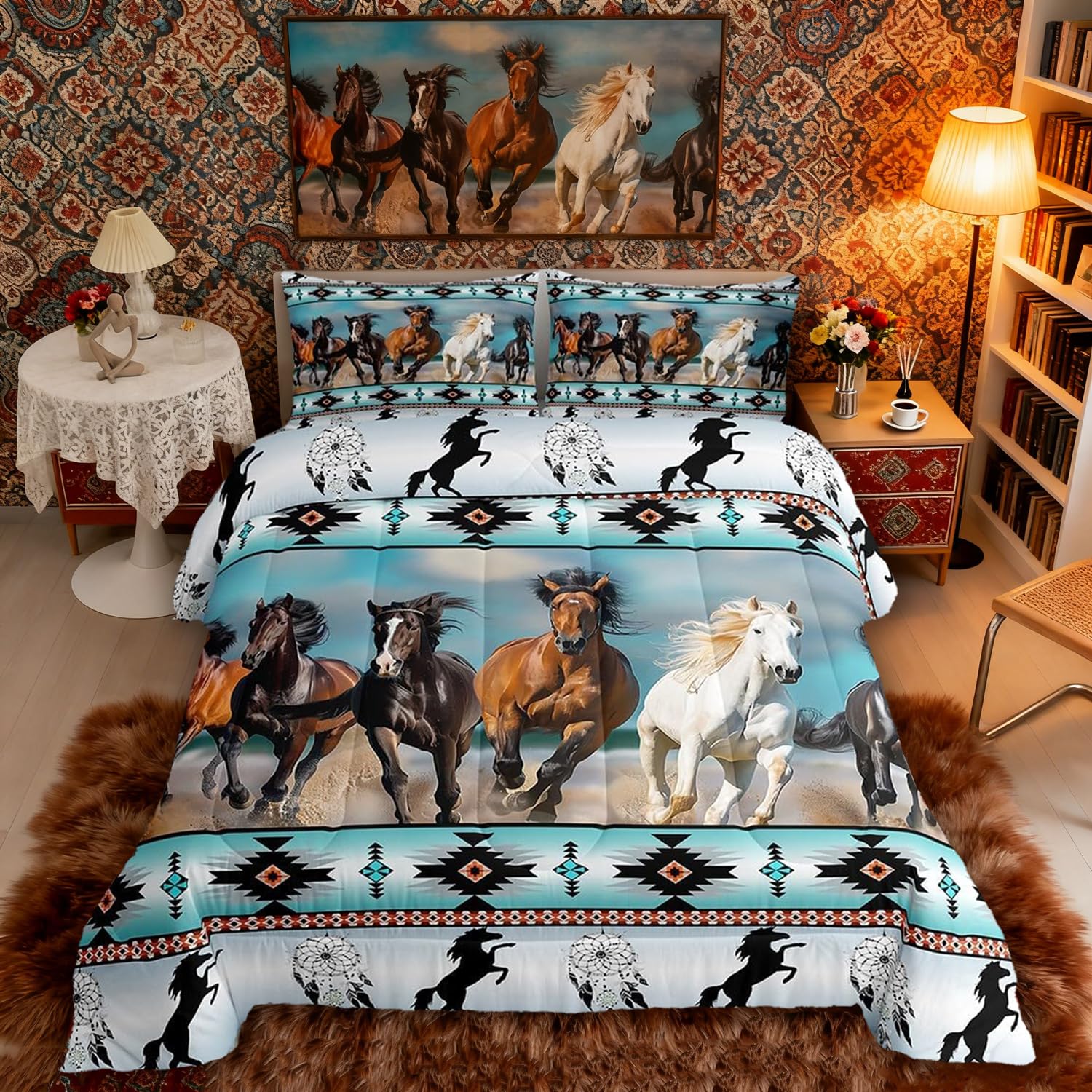 Aztec Comforter Set African Tribal Horse Printed Bedding Set,Farm Animals Duvet Insert Ethnic Tribe Arrow Dream Catcher Quilt Queen,Southwest Native