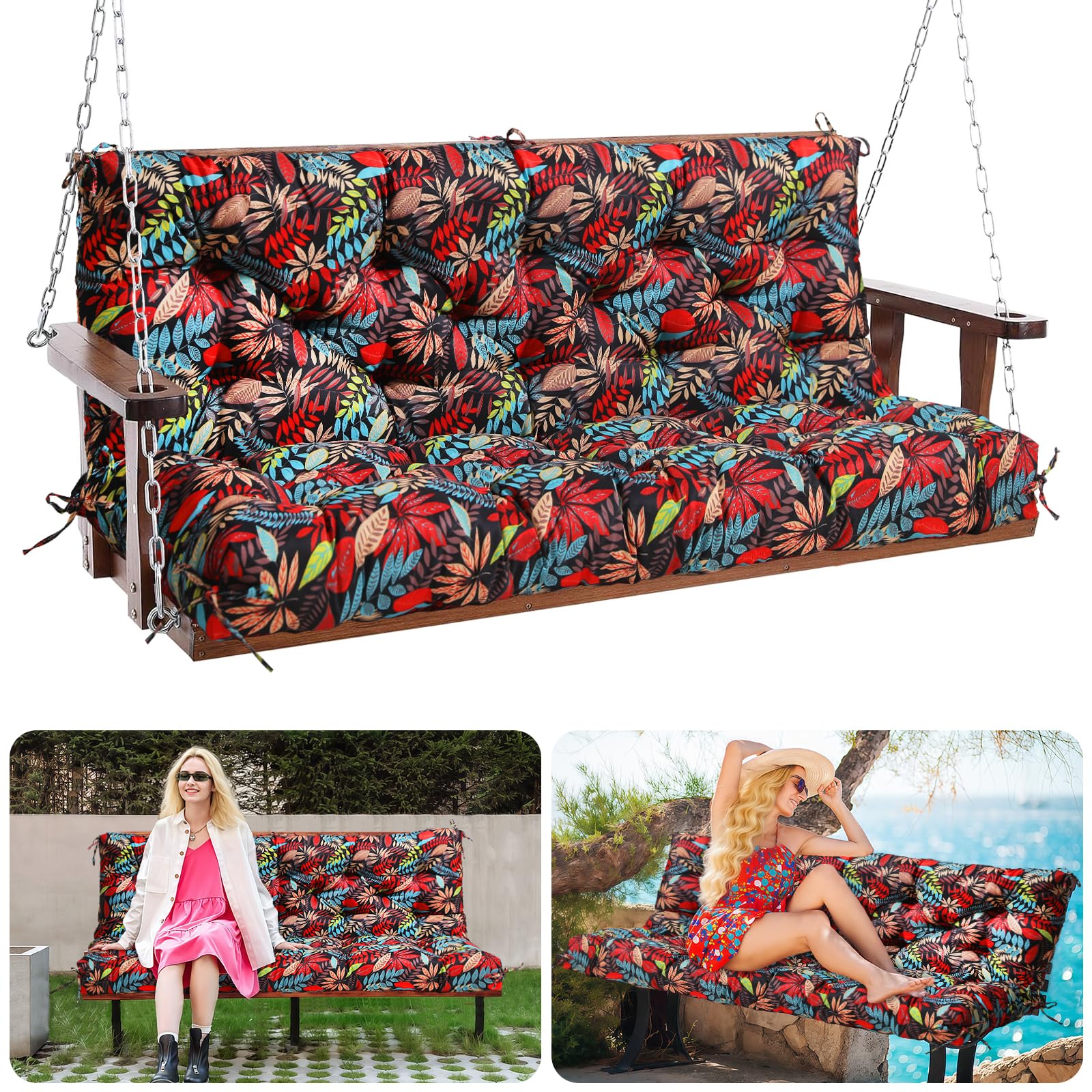 Photo 1 of Mokoey Porch Swing Cushions 3 Seater Outdoor Swing Cushions 70x40 inch Waterproof Porch Swing Cushion Replacement Patio Swing Cushions for Outdoor Furniture Bench (Red Leaves-70x40 inch)