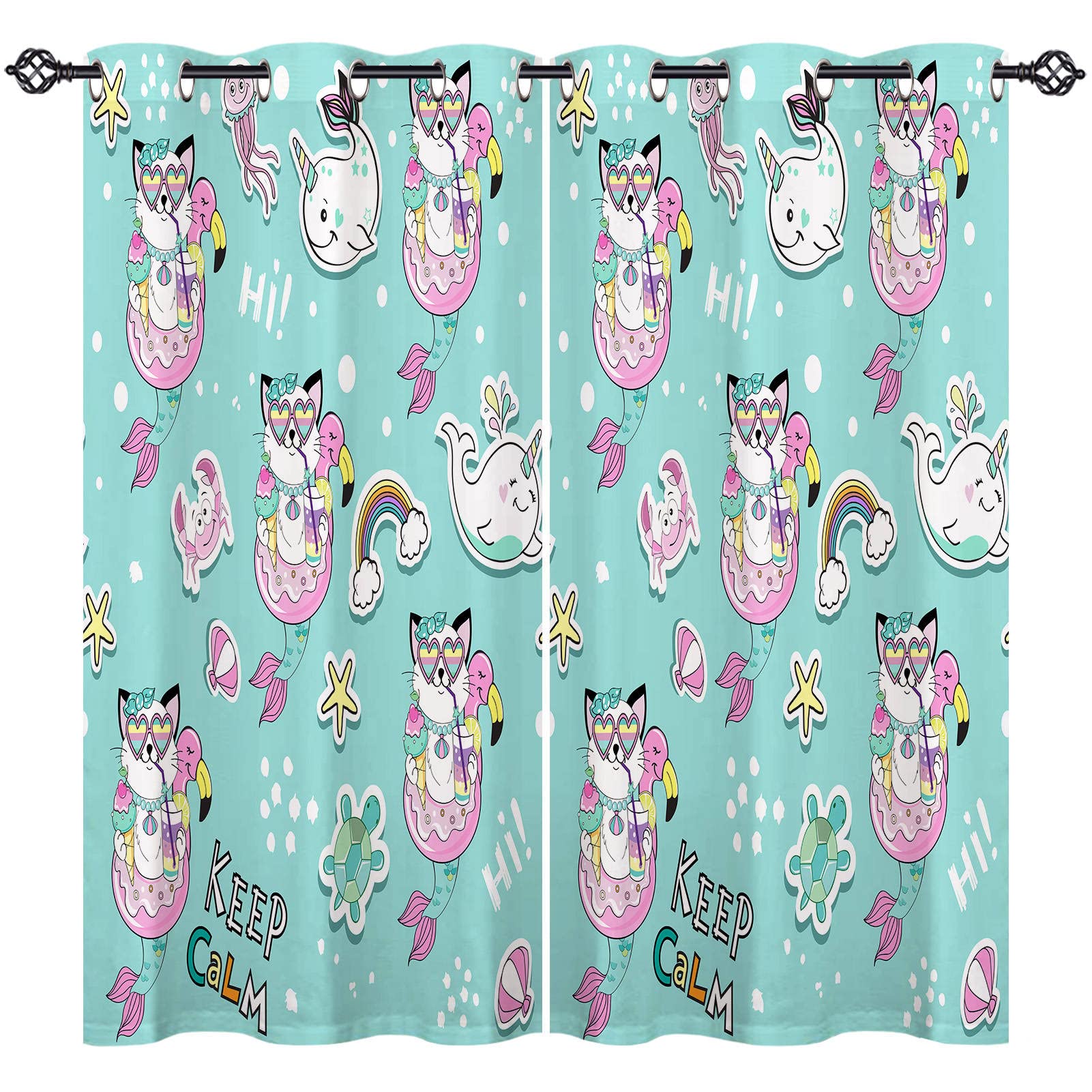 ANHOPE Cute Mermaid Cat Blackout Eyelet Curtains 2 Panels W 46" x L 63"