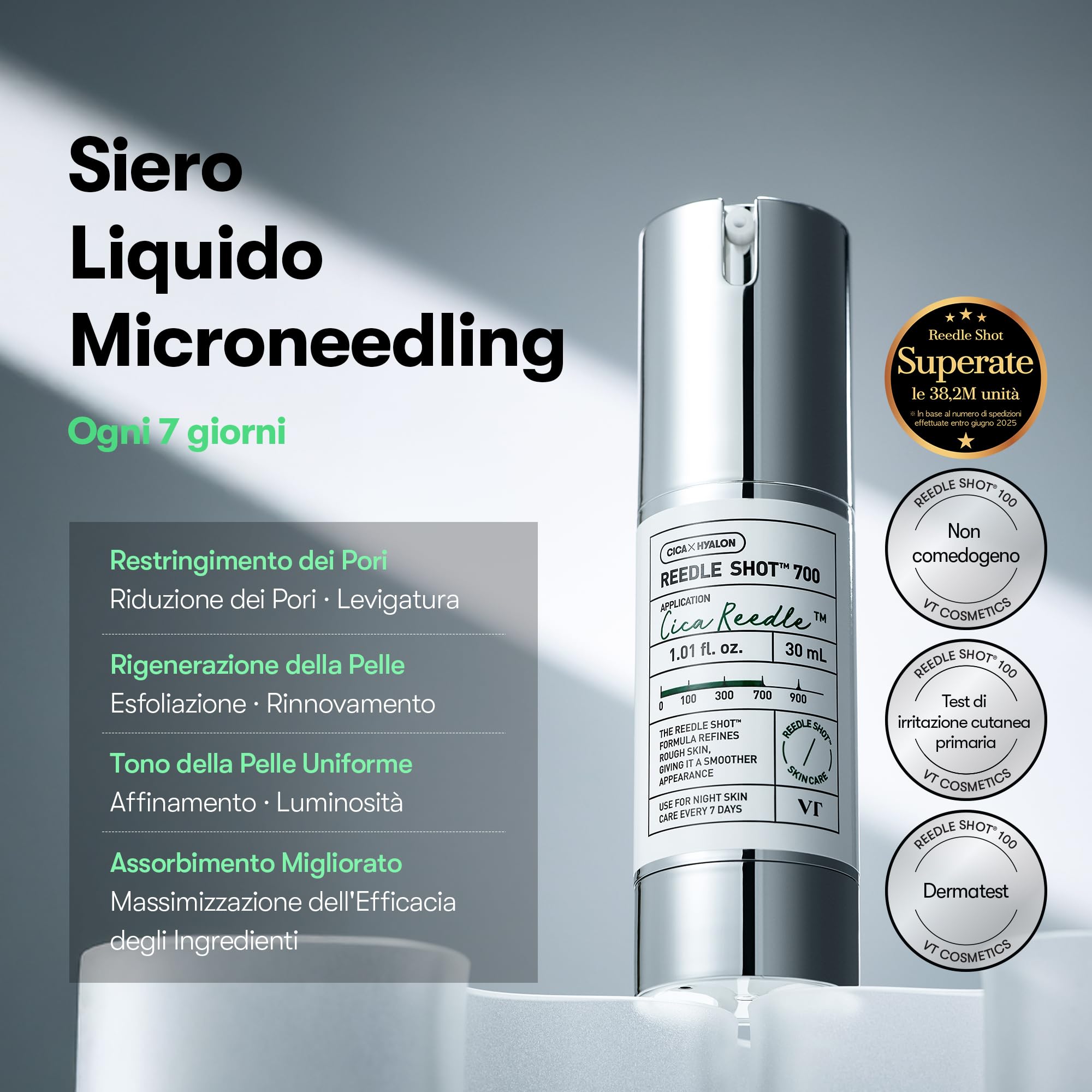 VT COSMETICS VT REEDLE SHOT 700, siero di microago Advanced Night Exosome, centella asiatica, acido ialuronico, propoli, rigenerazione