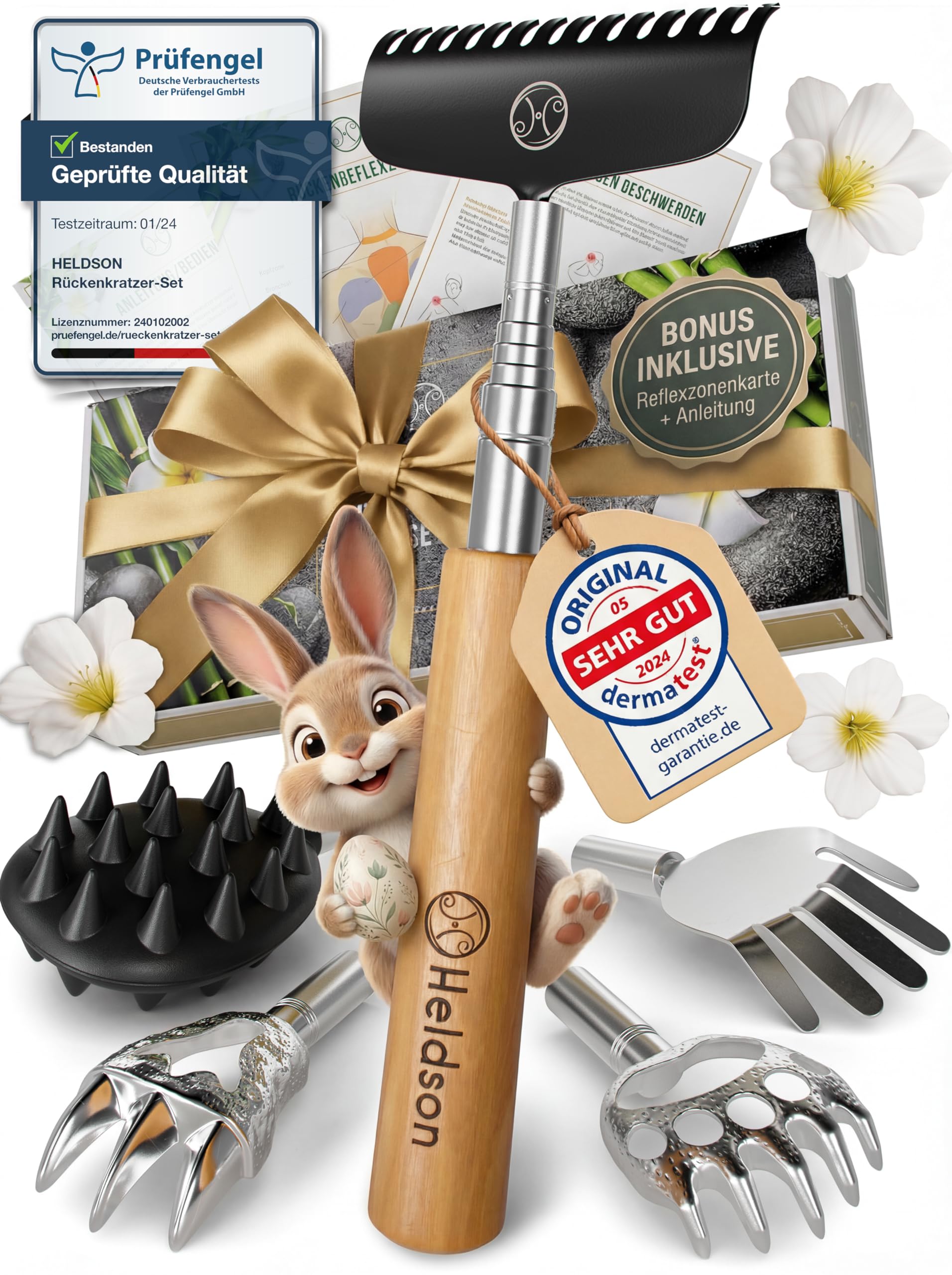 HELDSON® Rückenkratzer Holz [Inklusive 5 Kratzaufsätze] - stufenlos ausziehbar - Ostern - Vatertag - Kratzhand - Back Scratcher - Rücken Massage Kratzer - Geschenk für Senioren, Frauen & Männer