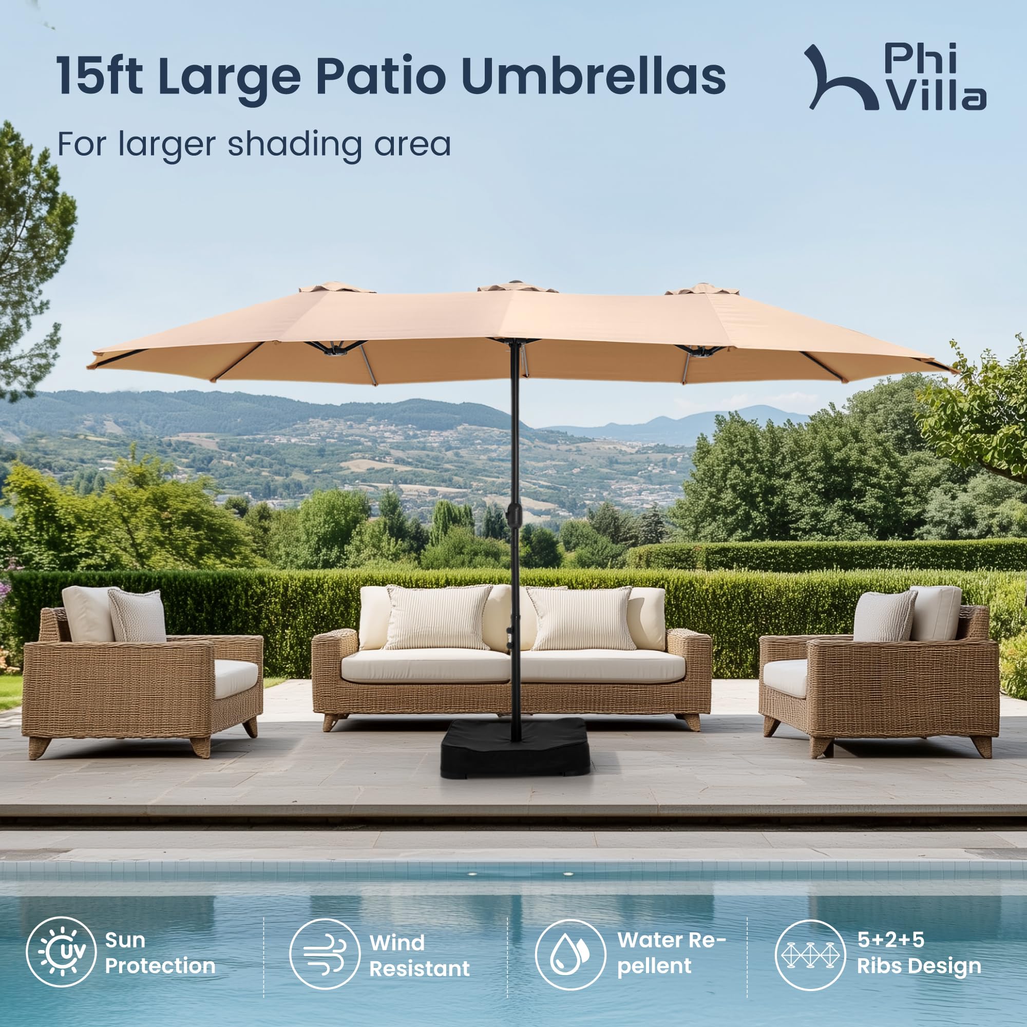 PHI VILLA 15ft Large Patio Umbrellas with Base Included, Outdoor Double-Sided Rectangle Market Umbrella with Stand, Outside Umbrellas for Poolside Lawn Backyard, Beige
