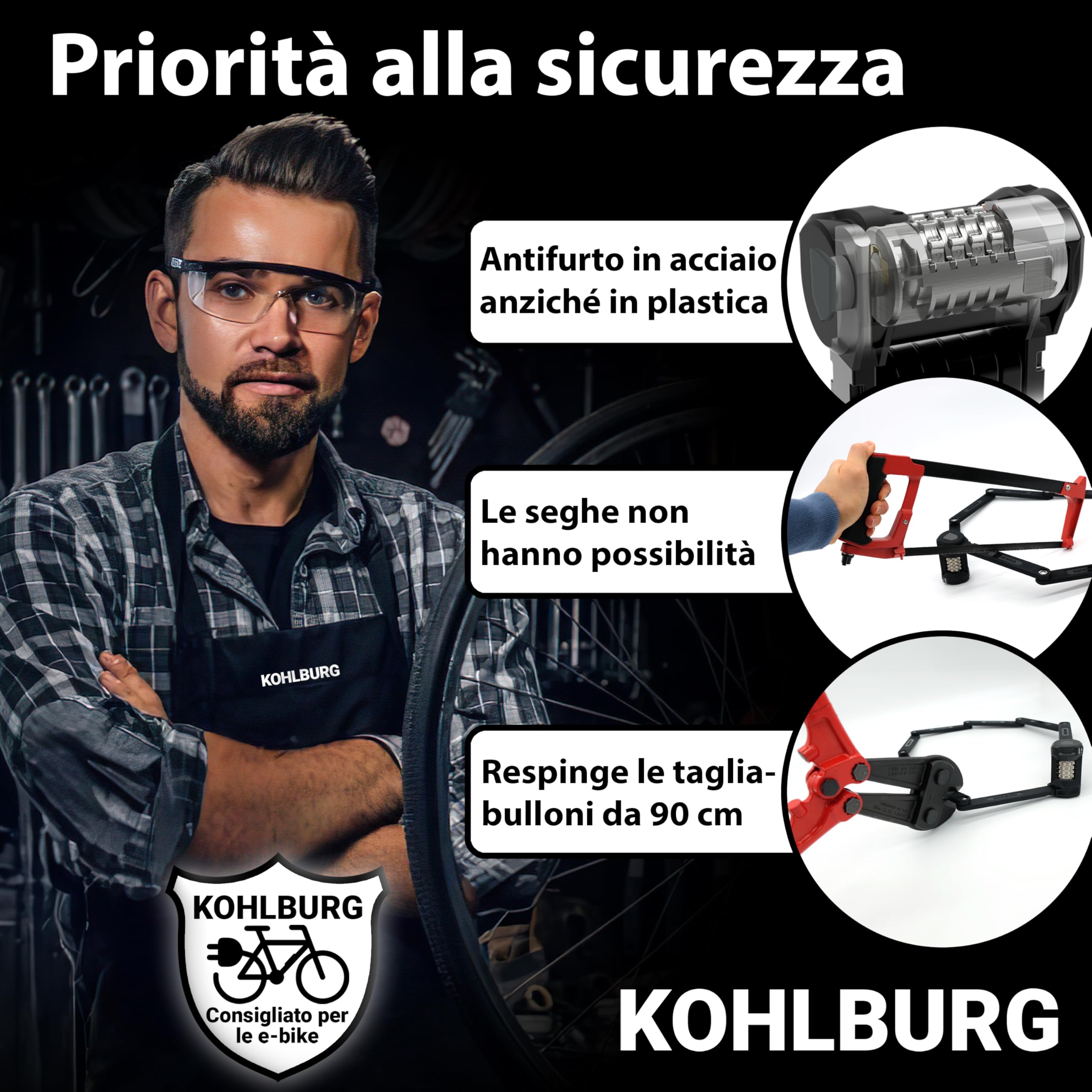 KOHLBURG Antifurto pieghevole per bicicletta con codice numerico | 110cm | Antifurto a combinazione resistente al tronchese con supporto | alta sicurezza | antifurti a cifre per e‑bike e bicicletta