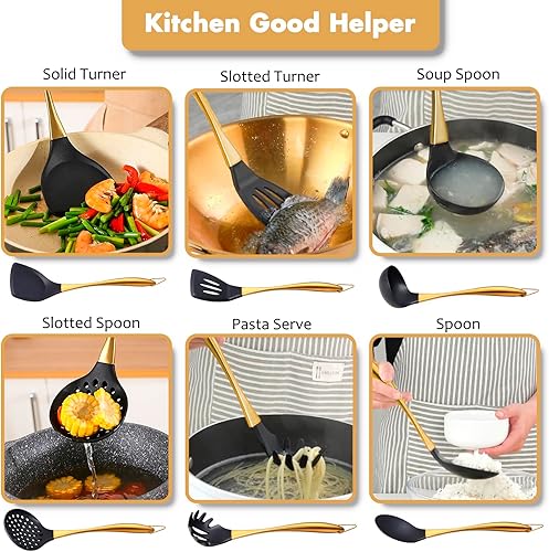 Miniatura 5 de Juego de utensilios de cocina de silicona, juego de utensilios de cocina de 17 piezas con soporte giratorio, utensilios de silicona resistentes al