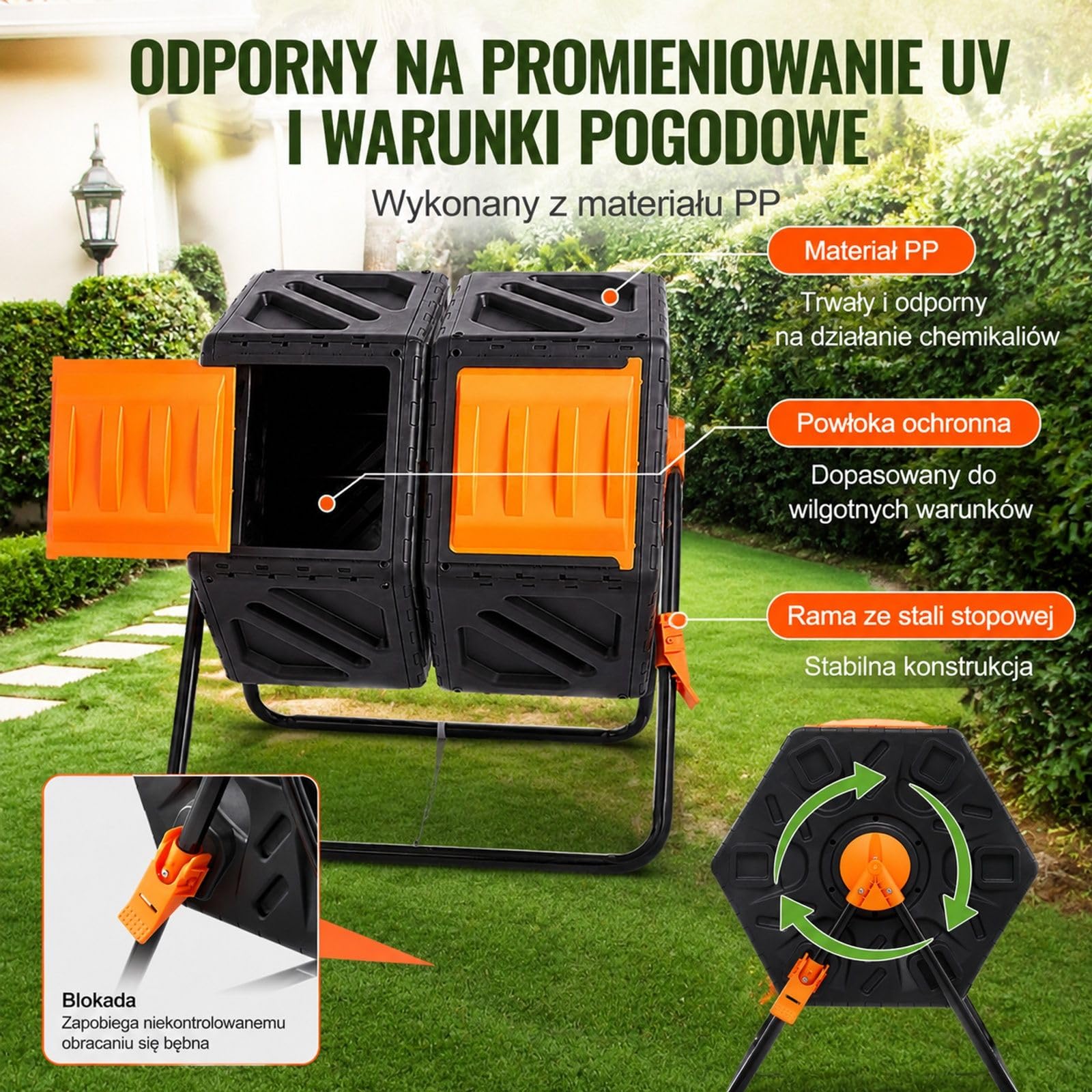 Obrotowy kompostownik 140 l z dwiema komorami i stalowym stelażem do ogrodu i na podwórko