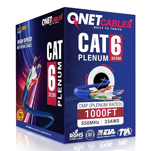 QNET CABLES Cat6 Plenum Cable 1000ft 23AWG CMP Rated Blue
