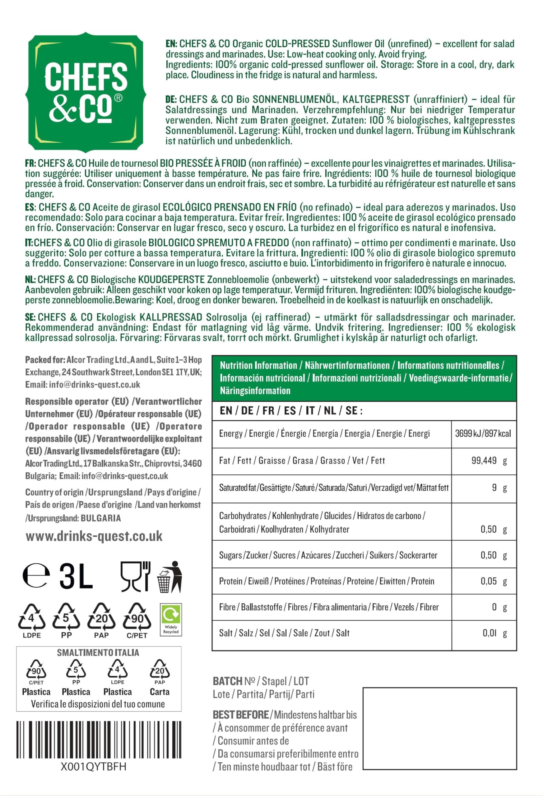 CHEFS & CO Huile de Tournesol Bio | Pressée à Froid | Non Raffinée | Huile Végétale Alimentaire | Sans Additifs | Pour Cuisson, Salades et Alimentation Saine (3 L (Paquet de 1))