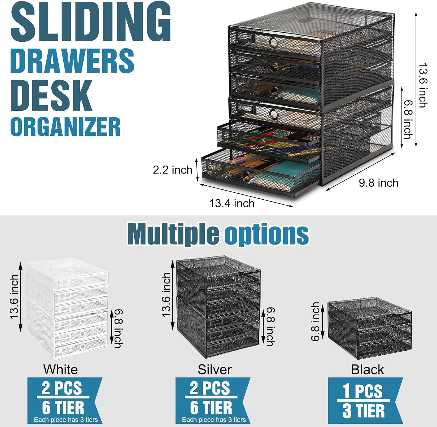 Zhanmai 1 Pack Black Desk Organizer with Drawer Total Wire Mesh Storage Tray Multifunctional Paper Sorter File Stand for Home Office Supplies Letter A4 Paper Office Accessories Back to School (3 Tier)