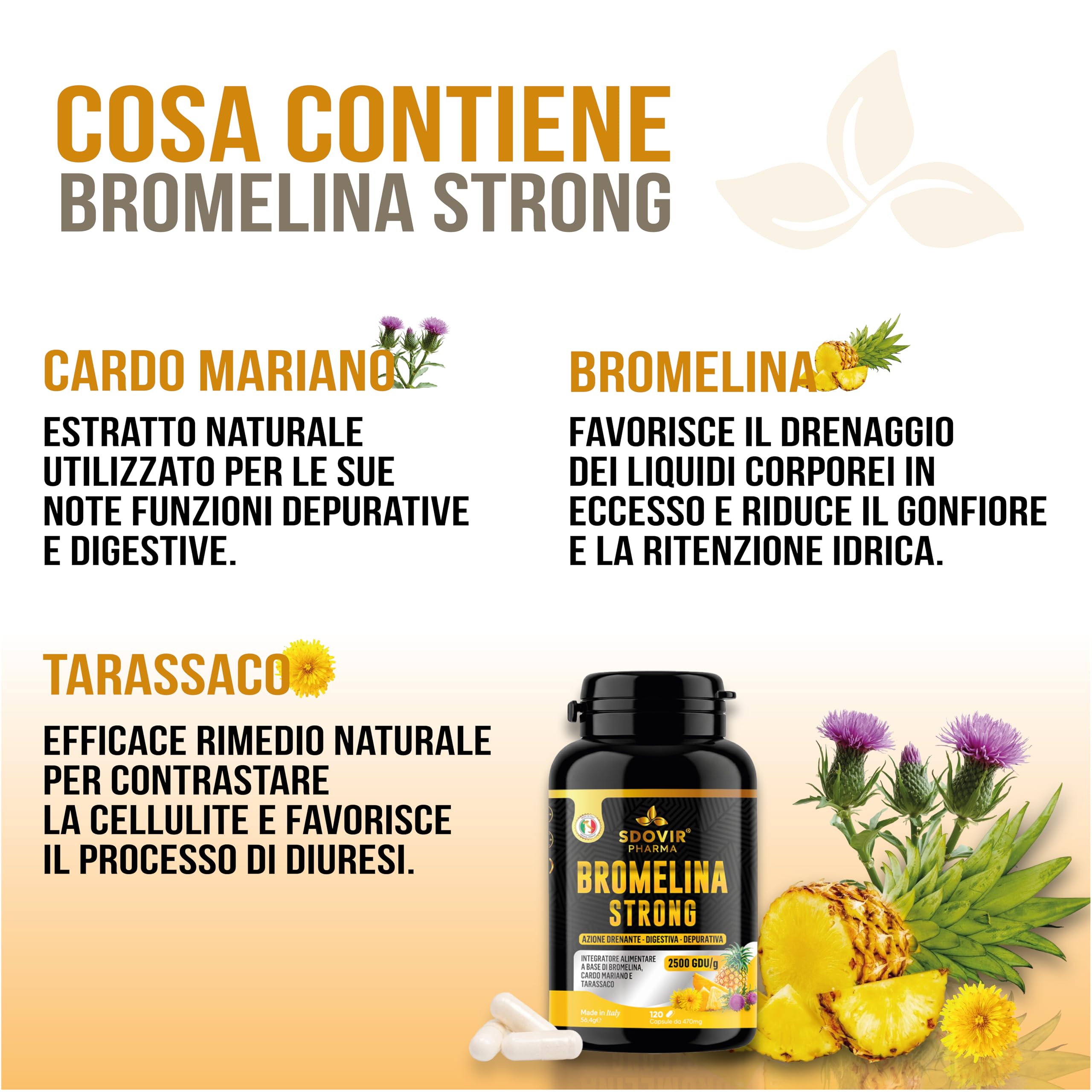 Bromelina Forte Drenante, con Tarassaco e Cardo Mariano, Alto Dosaggio 2500 GDU/g, Anticellulite Forte, Microcircolo Gambe, Gastroprotetta, Detox Fegato, 120 Capsule - Bromelina Strong