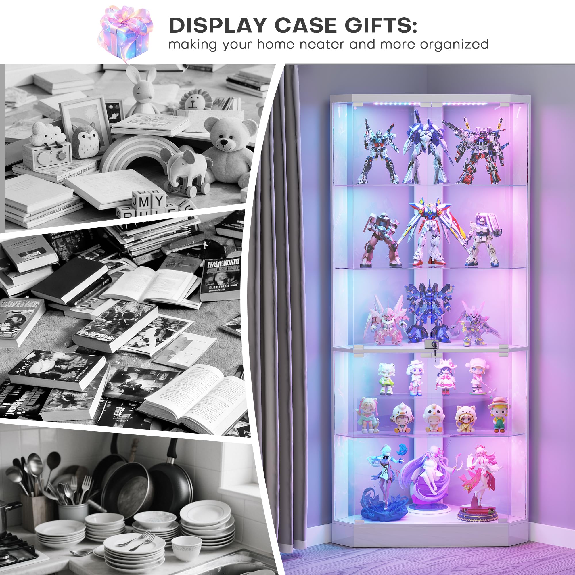 175 CM Vitrina de Esquina - con RGB Color de Luces y Sensor de Movimiento para Estar,Vitrina de Cristal con 3 Estantes Ajustables&5 Capas para Salón,Expositora para Coleccionista,Blanco