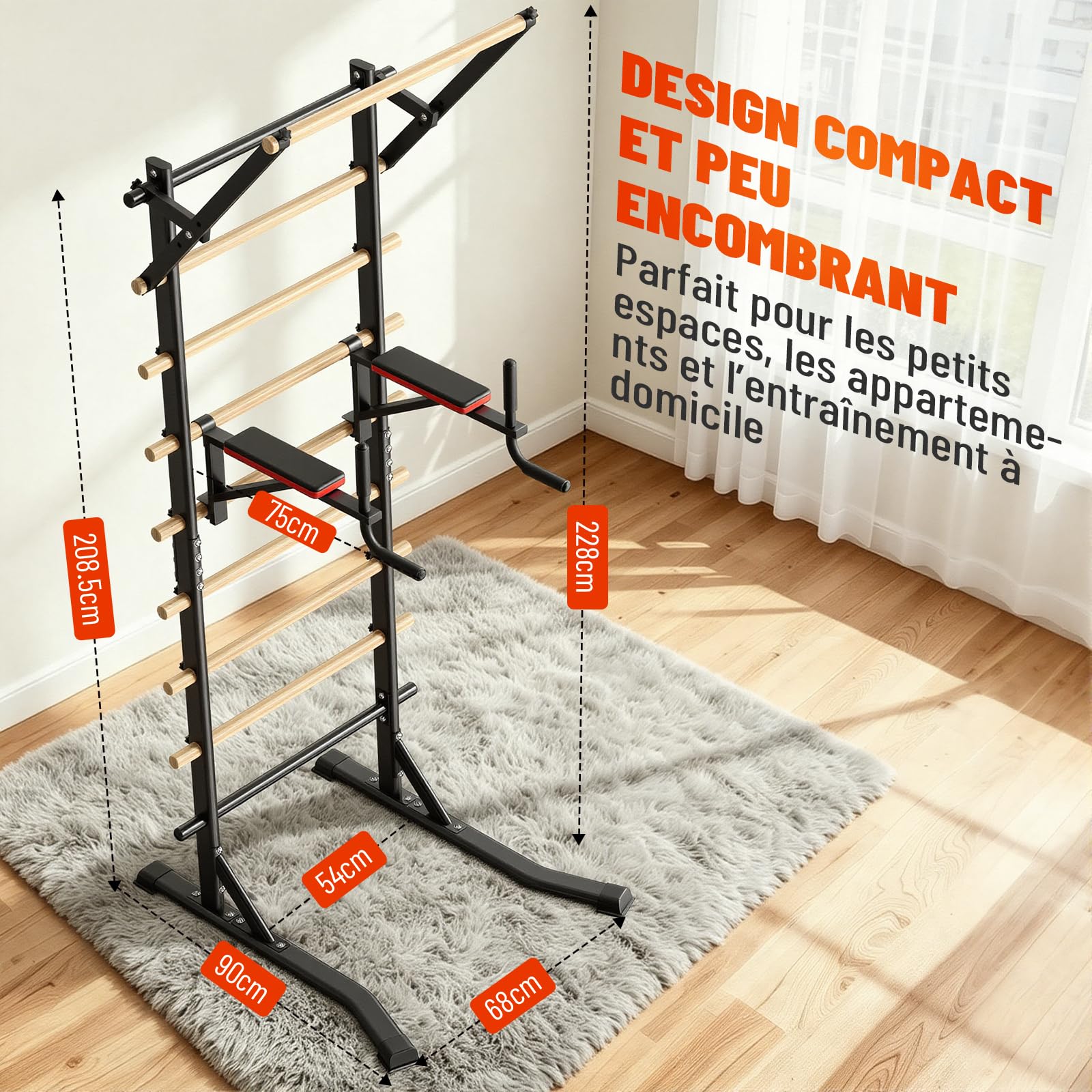 Chaise Romaine Power Tower avec barre de traction et espalier suédois autoportant, capacité de charge 150 kg, sans fixation murale, station de musculation 228 cm pour entraînement à domicile