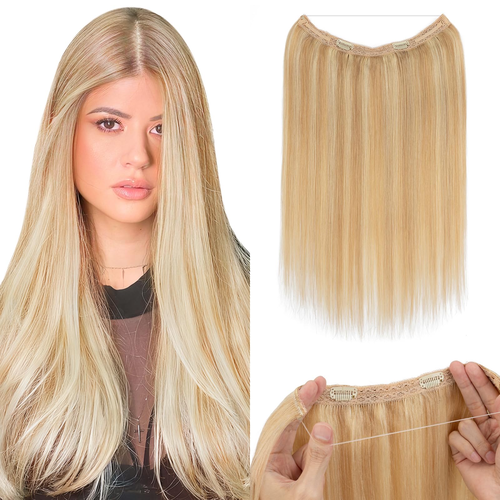 Silk-co Extensions Echthaar mit Draht, Clip in Extensions 70g, Secrets Haarverlängerung Haarteil für Frauen 50cm #18RP613R Graublond mix Bleichblond