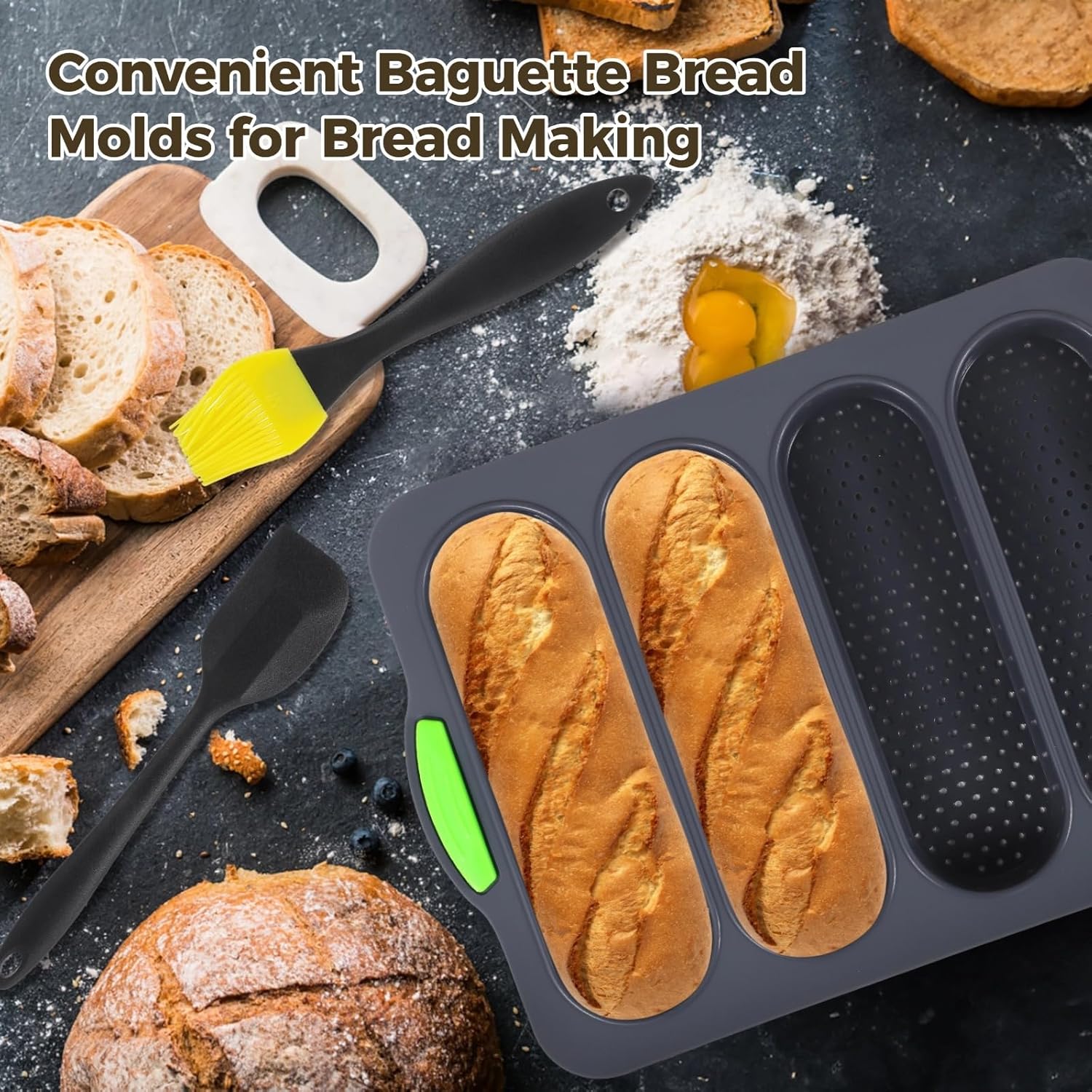 Silicone Bread Molds 2 Pcs, 13.2 X 9.3 Inches High-Temperature Resistant Loaf Pan Baking Tool, 4 Slots, Green Non-Slip Handles, Dishwasher Safe, Great for Oven and Fridge