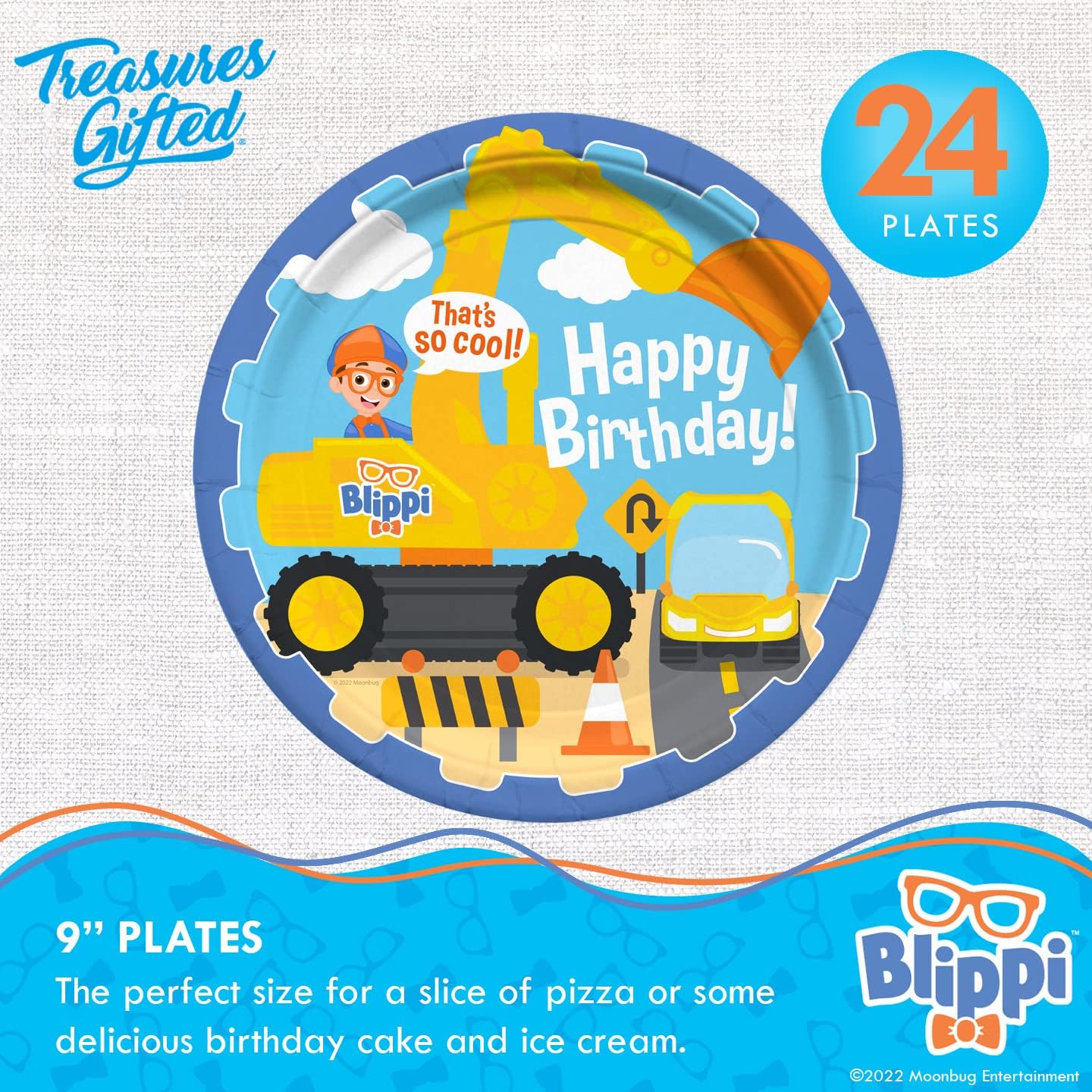 Treasures Gifted Officially Licensed Blippi Birthday Party Supplies - Serves 24 Guests - Blippi Vehicle Dinnerware Starter Set - Blippi Party Supplies - Blippi Excavator Plates & Blippi Napkins