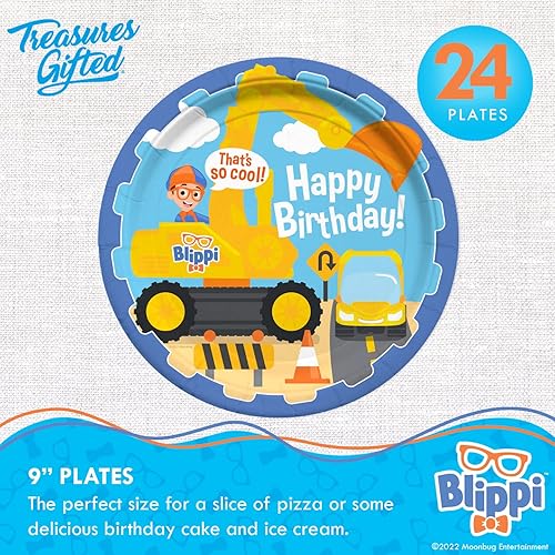 Miniatura 2 de Treasures Gifted Suministros para fiesta de cumpleaños con licencia oficial de Blippi, sirve para 24 invitados, juego clásico de vajilla para