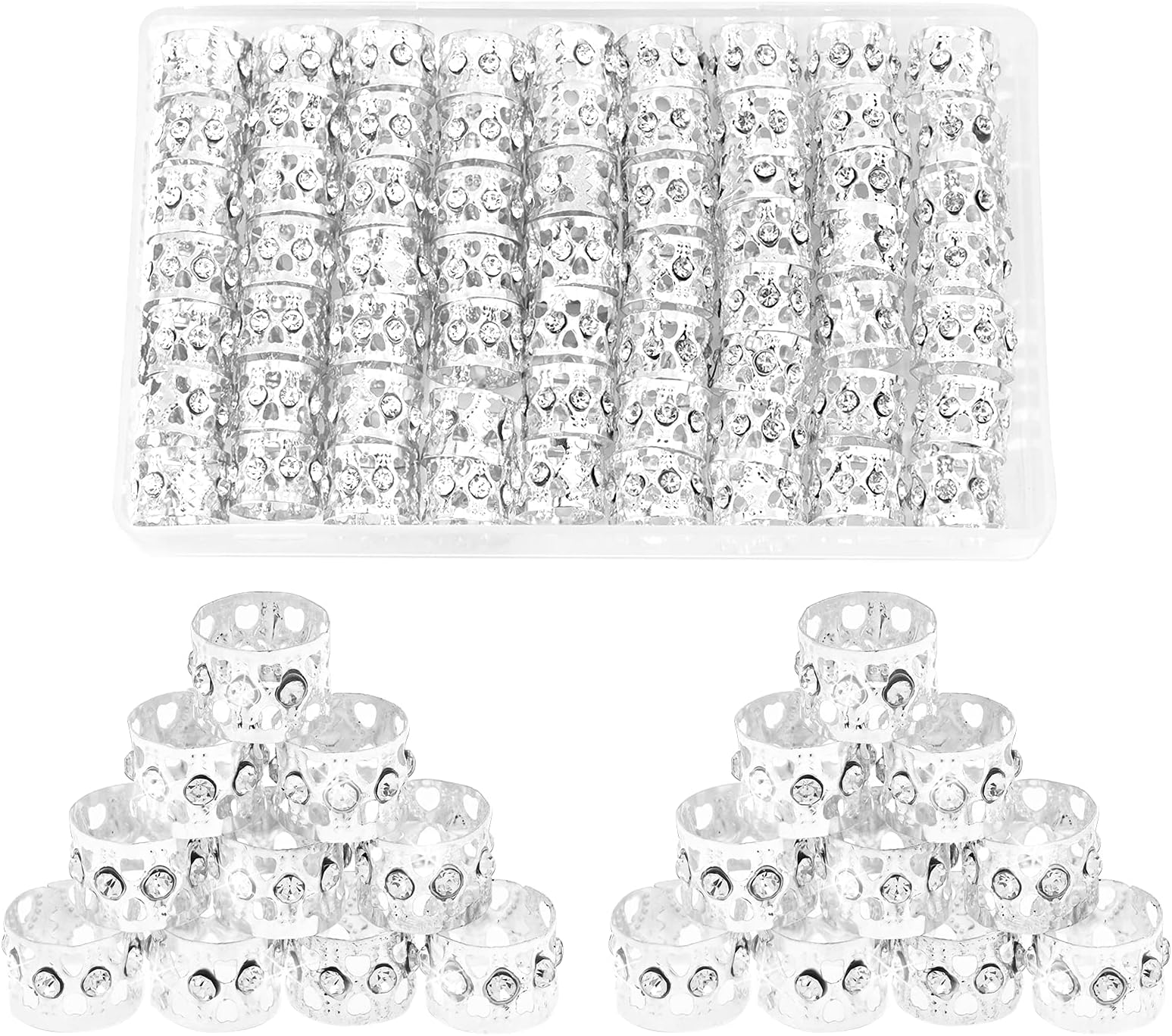 60 PCS Rhinestone Hair Jewelry Silver Dreadlocks Beads for Women Aluminum Metal Hair Cuffs Hair Ring Hair Tube Braiding Hair Decoration Cuff Hair Clips