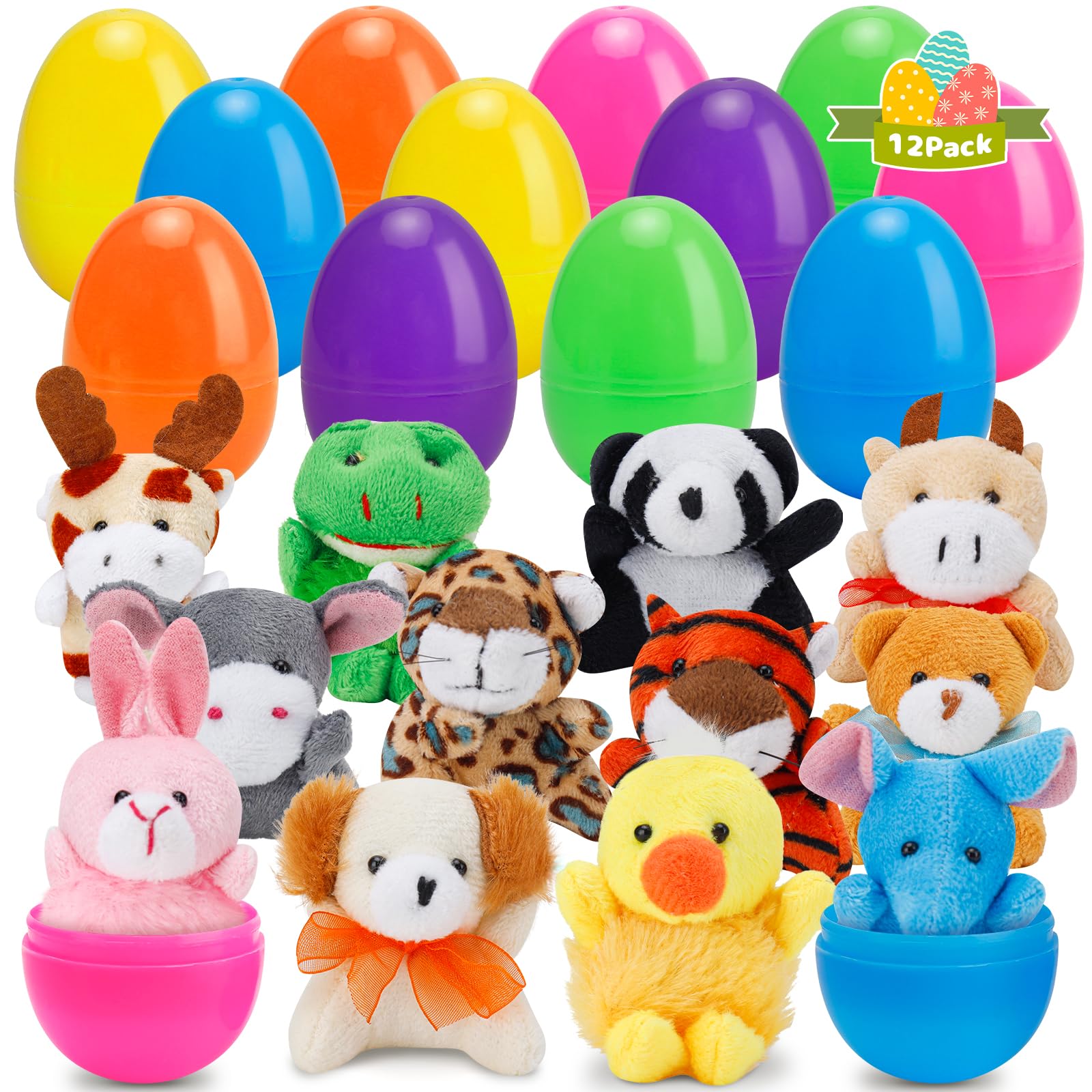 12 Pack Prefilled Easter Eggs with Animals Stuffers Plush Toys for Easter Egg Hunt Easter Basket Stuffers Fillers