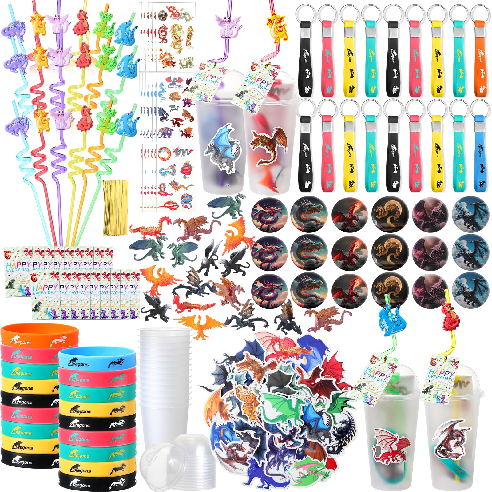 Wettarn 195 Pcs Dragon Themed Birthday Party Favors Gift for 18 People Include Cup with Lids Badges Mini Dragon Model Stickers Straw Bracelets