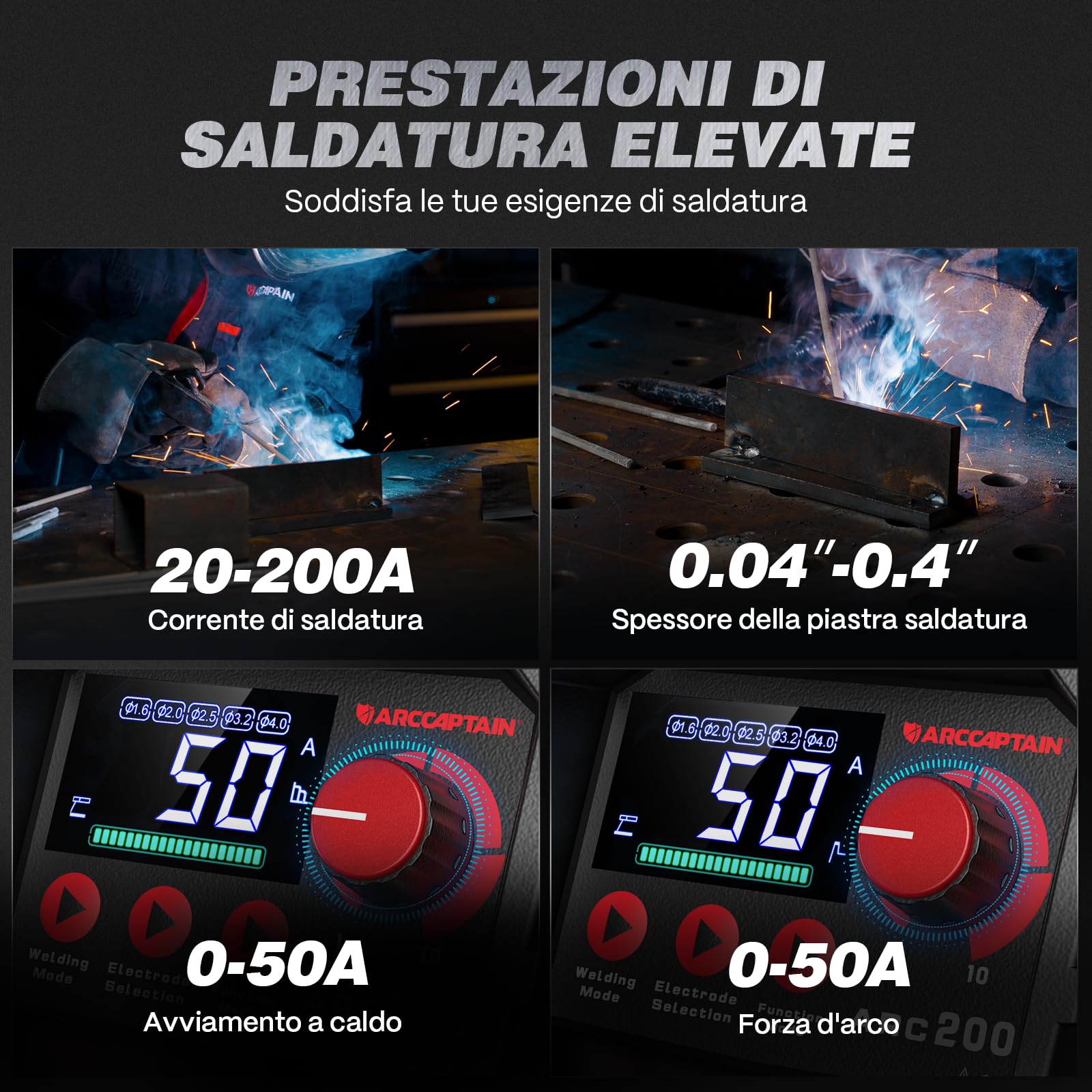 ARCCAPTAIN Saldatrice Elettrodo ARC 200A, 230V MMA Inverter Saldatrice con Ampio Display LED-SYN Controllo Collaborativo, Avere Lift TIG Funzione/IGBT/Anti-Stick/Avvio a Caldo/Protezione Termica