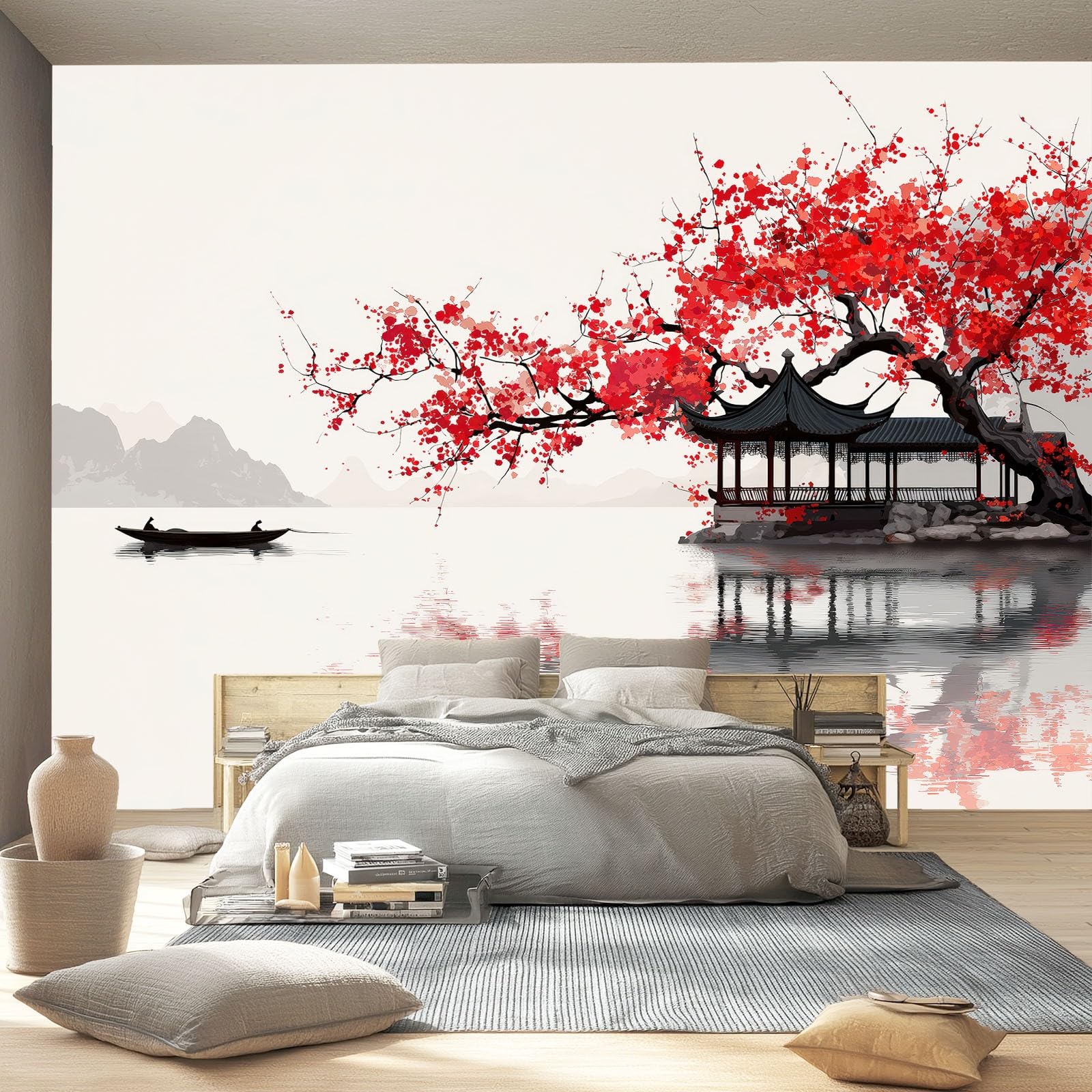 Vlies Fototapete Landschaft 350 x 256 cm, Creme Fototapeten für Wohnzimmer Schlafzimmer - Vliestapete Wandtapete Tapete 3D Effekt - Chinesischer Stil Blumen Seen Pavillons