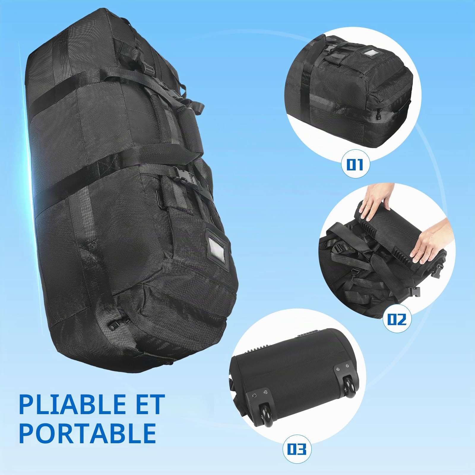 3 in 1 Sac de Voyage à roulettes 75L, 80x30x33cm Sac à Dos Voyage avec Organisateur de Voyage Imperméable, Compartiment Chaussures, Oxford Robuste résistant à l'usure et imperméable (Noir)
