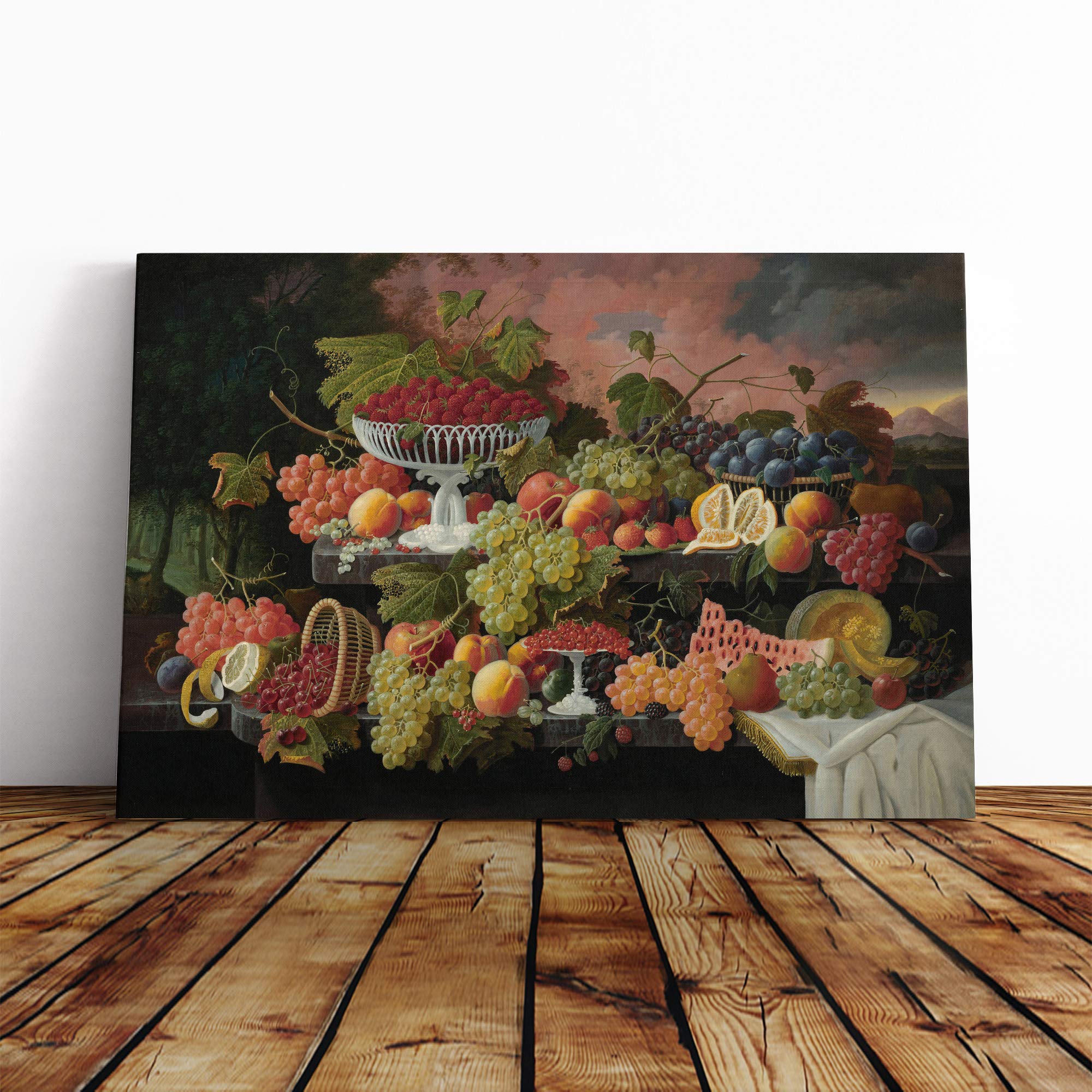Severin Roesen Still Life Fruit and Sunset Canvas Print | Gallery Wrapped 30mm Frame Wall Art | 24x16 inches | Ready to Hang | Modern Landscape Picture | Living Room Bedroom Lounge Office