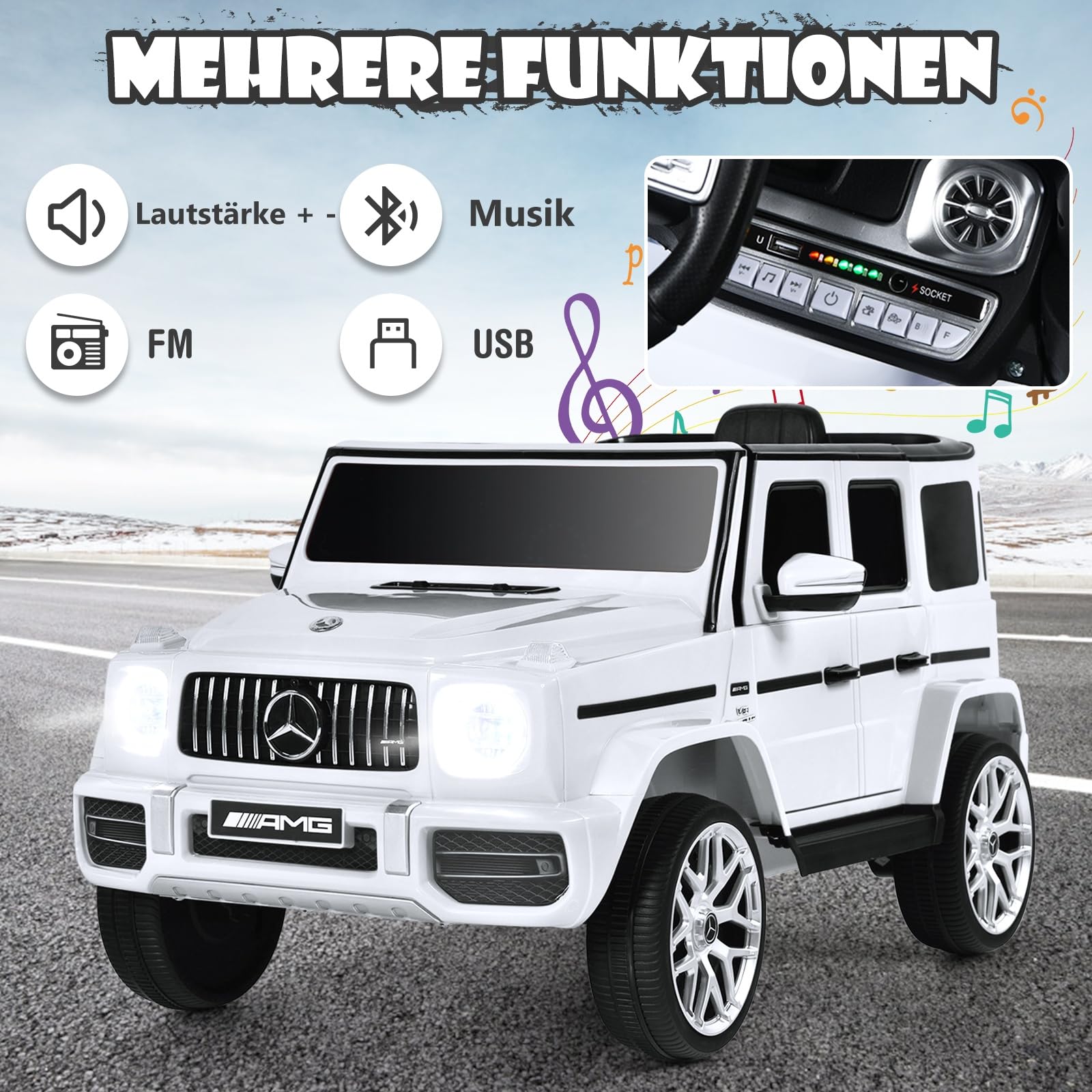 DREAMADE 12V Mercedes-Benz Elektroauto mit Fernbedienung & Sicherheitsgurt für Kinder ab 3 Jahren - LED-Lichter, Musik, USB, Hupe (Weiß)
