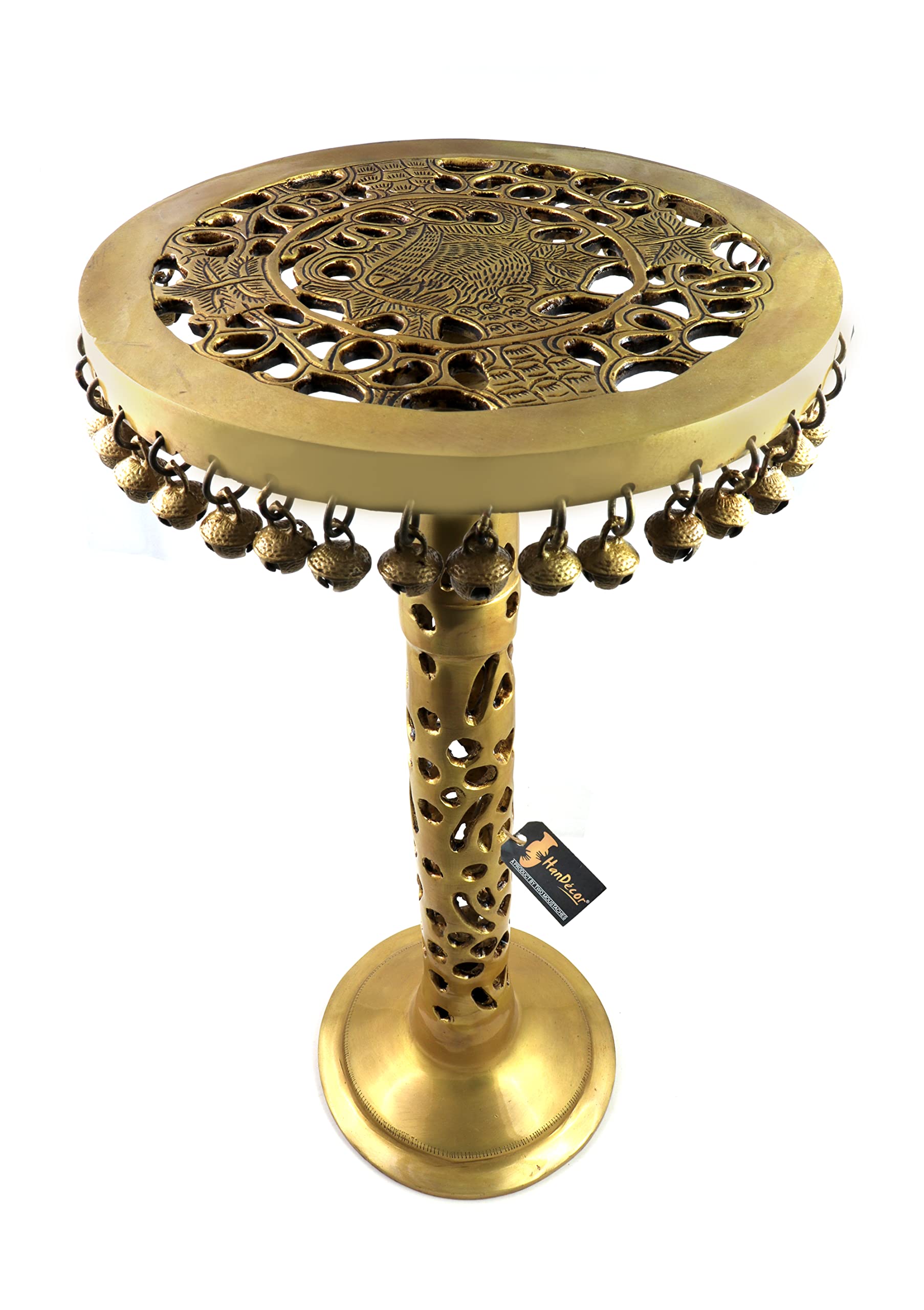 Two Moustaches Ethnic Design Brass Decorative Round Corner Table with Hanging Bells Showpiece, Brass Corner Stool, Pack of 1