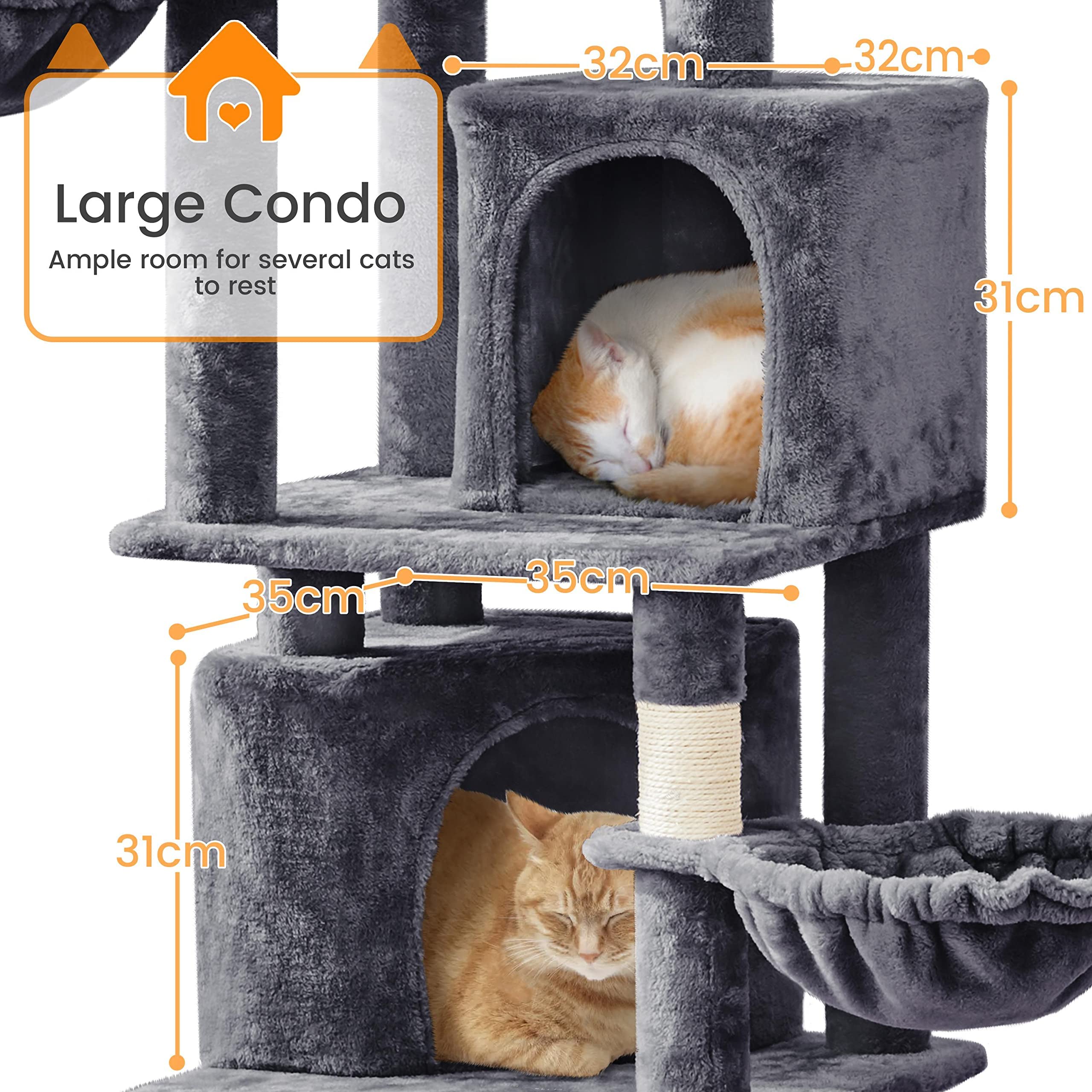 Yaheetech Rascador XXL para Gatos de 175 cm de Altura para Gatos Grandes, árbol de Escalada Estable con columnas de sisal y Plataformas, Hamaca de Peluche, Color Gris Oscuro