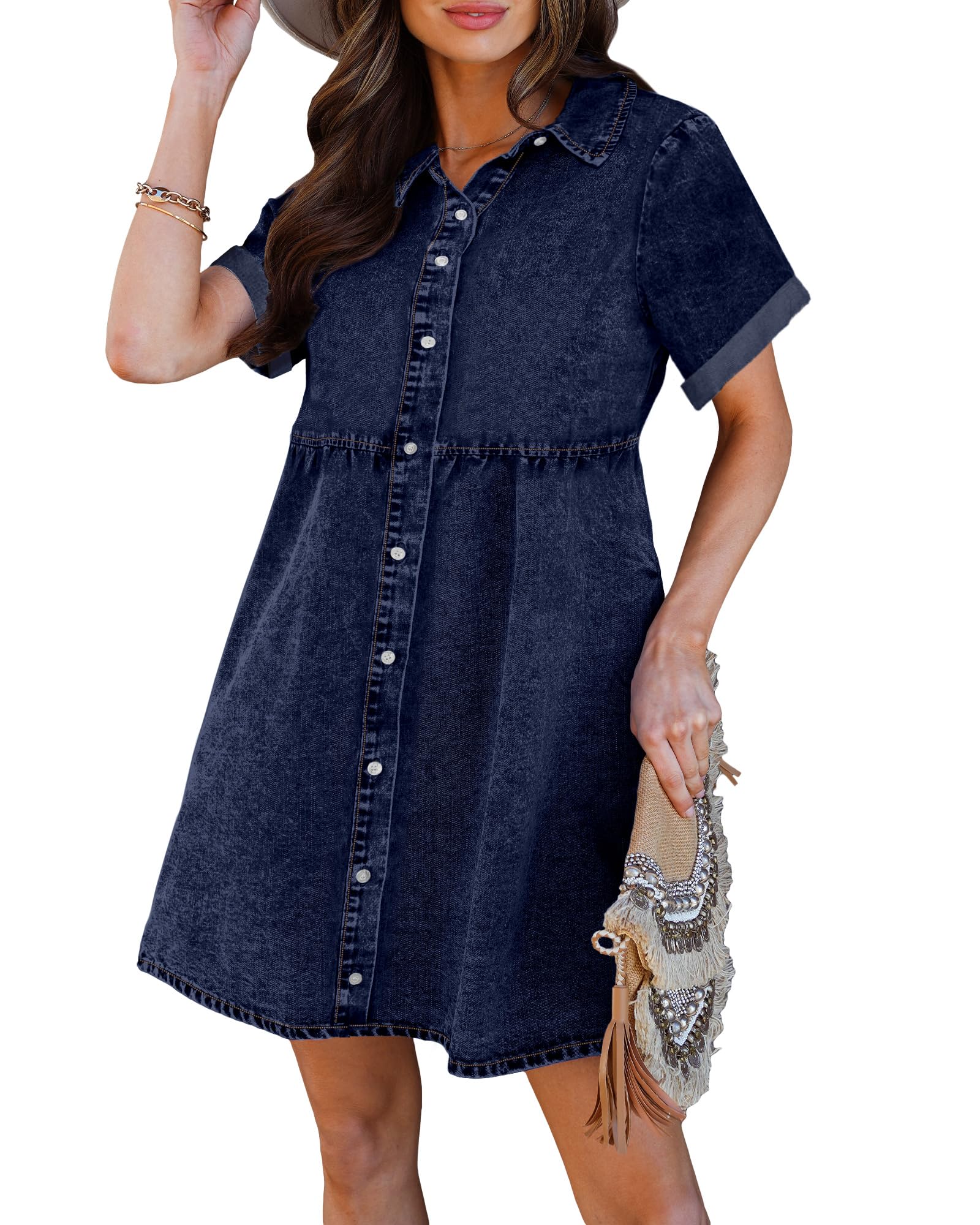 luvamia Women's Casual Short Sleeve Button Down Tiered Denim Babydoll Jean Dress