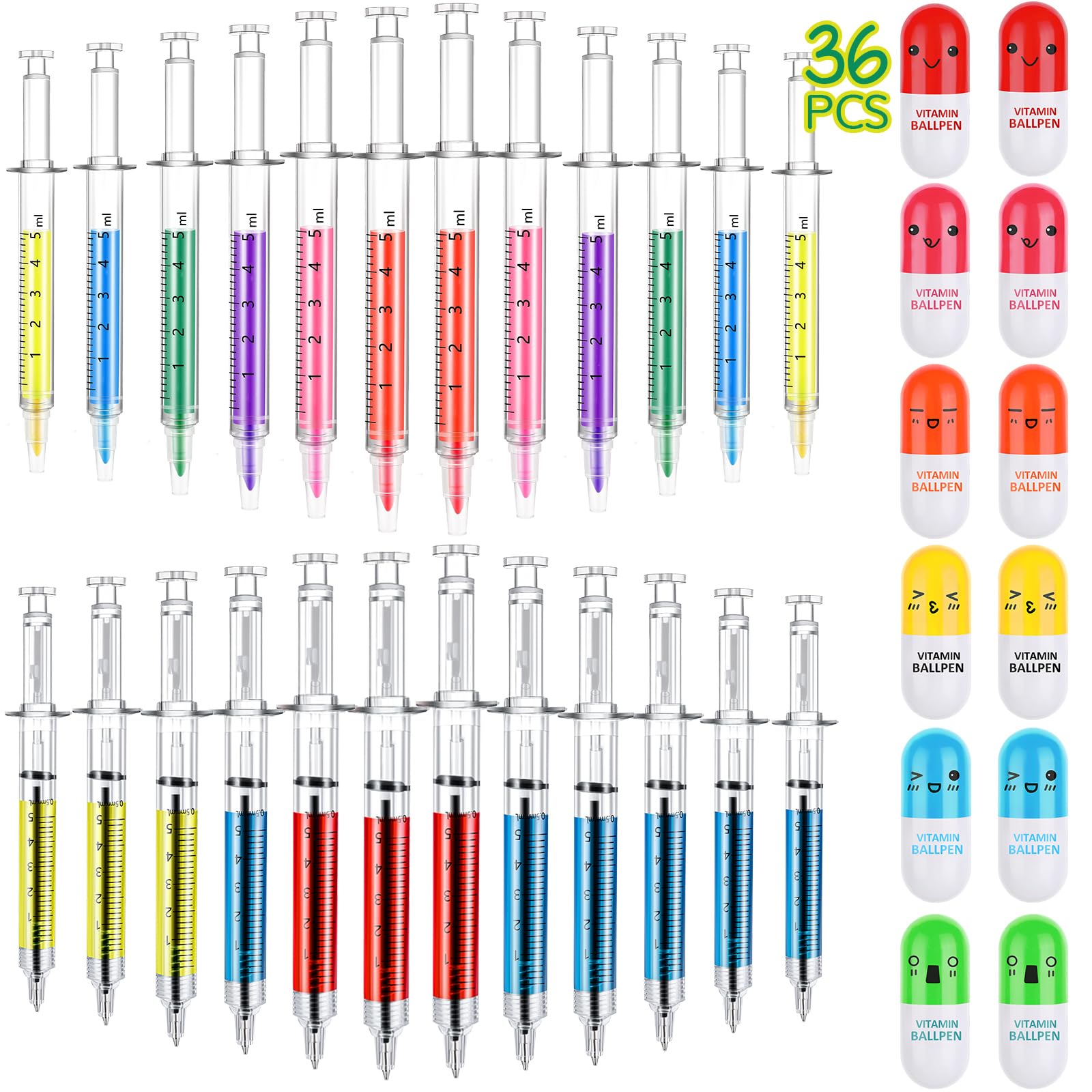 BBTO 36 Pieces Syringe Pens Bulk Nurses Gift Party Favor Halloween Retractable Fun Pill Pens Syringe Highlighters Watercolor Needle Multicolor Novelty School Supplies Holiday Birthday Goody Bag Filler