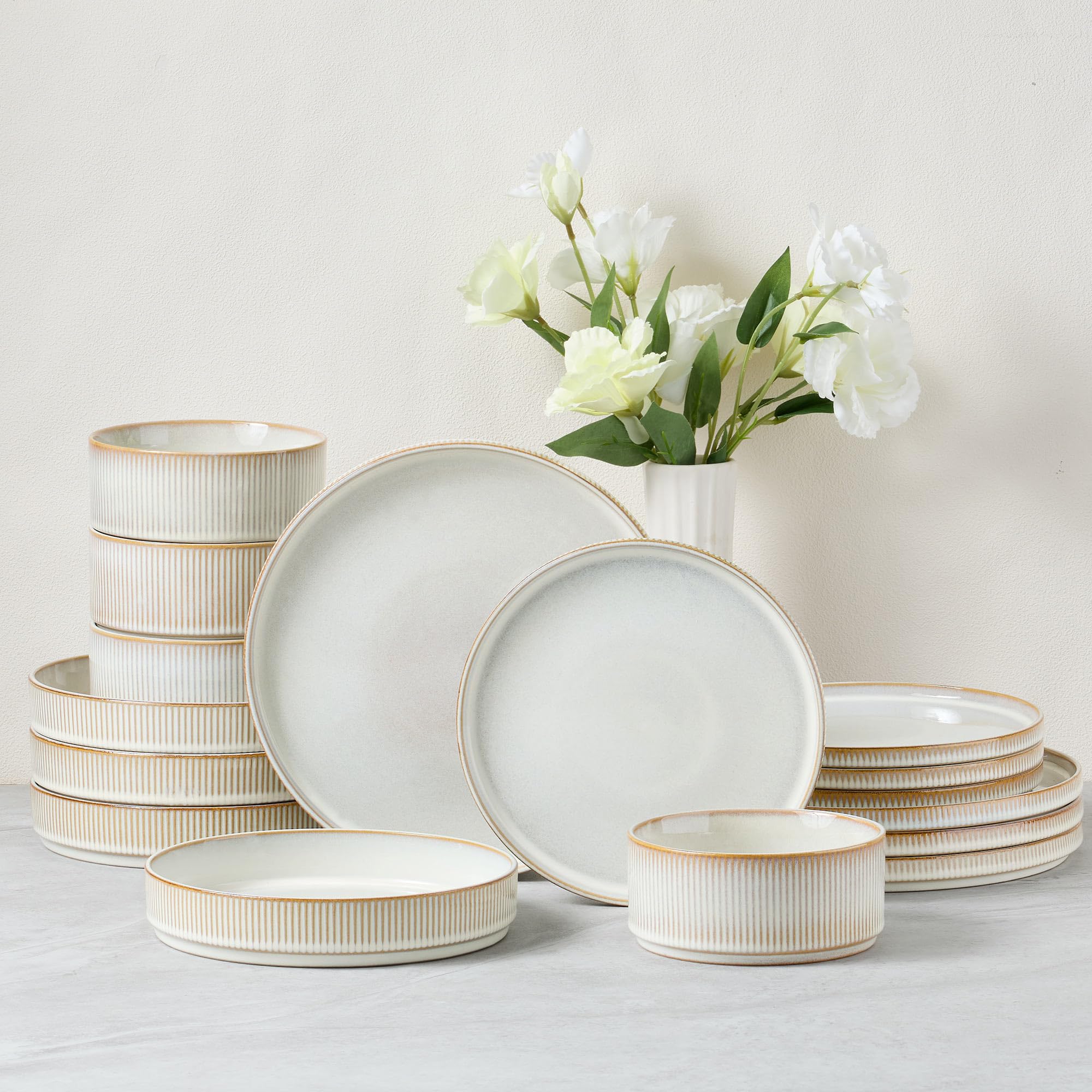 E-far 16 Piece Dinnerware Sets, Plates and Bowls with Pasta Bowls Service for 4, Modern Stoneware Ribbed Dishes for Kitchen Dining, Microwave &amp; Dishwasher Safe, Creamy Beige