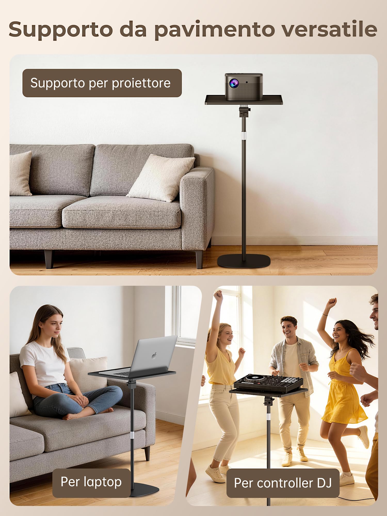 Supporto per proiettore, Regolabile in Altezza 54-129 cm, Girevole a 360°, Portata 7kg, Supporto a Pavimento Compatibile con Pico-proiettori, computer portatile, Telecamere, DV, Trail Camera