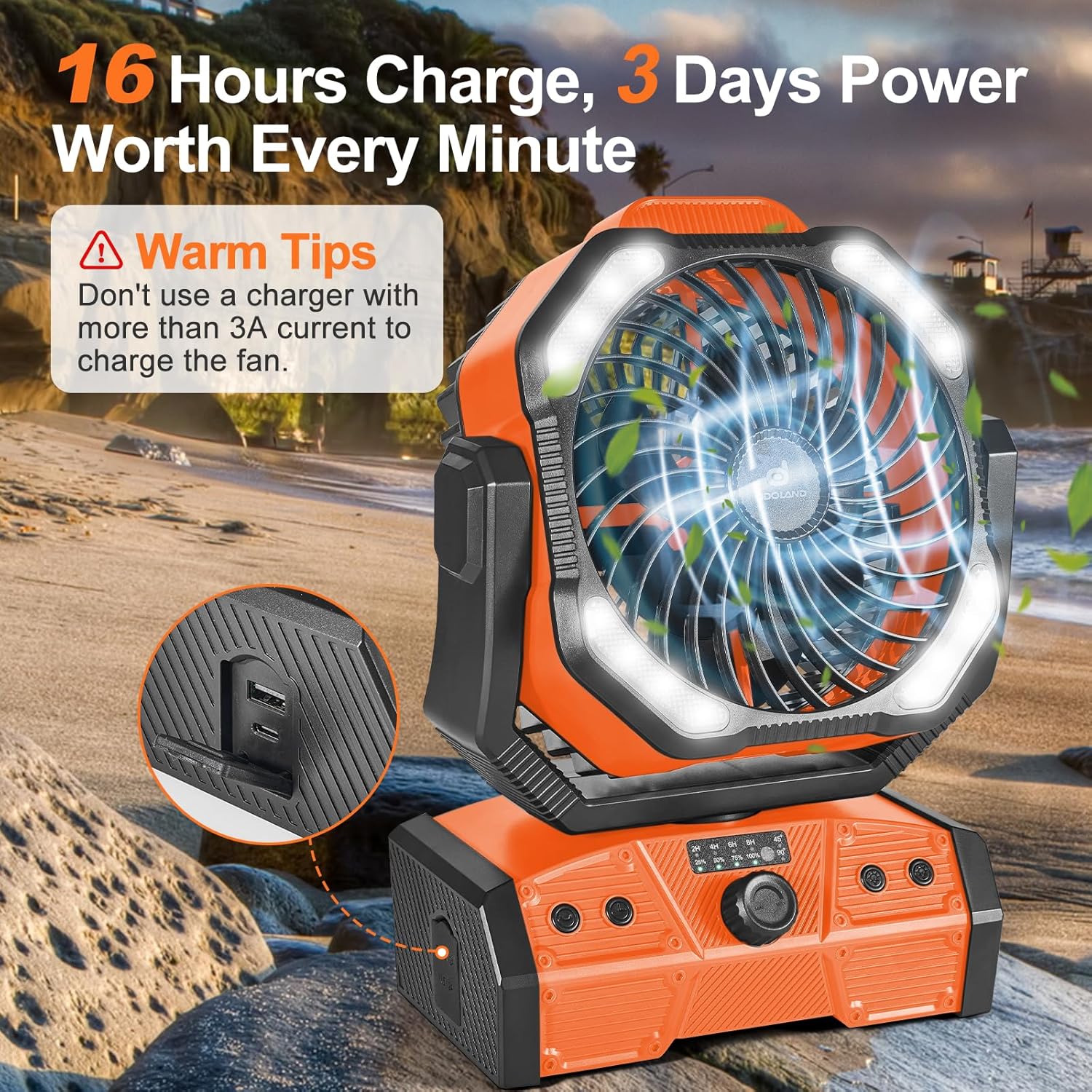 Odoland 40000mAh Camping Fan with LED Light, Battery Operated Oscillating Desk Fan with Remote & Hook, Rechargeable Outdoor Tent Fan with Timer for Hurricane Power Outage Travel Jobsite RV, Orange - Image 5