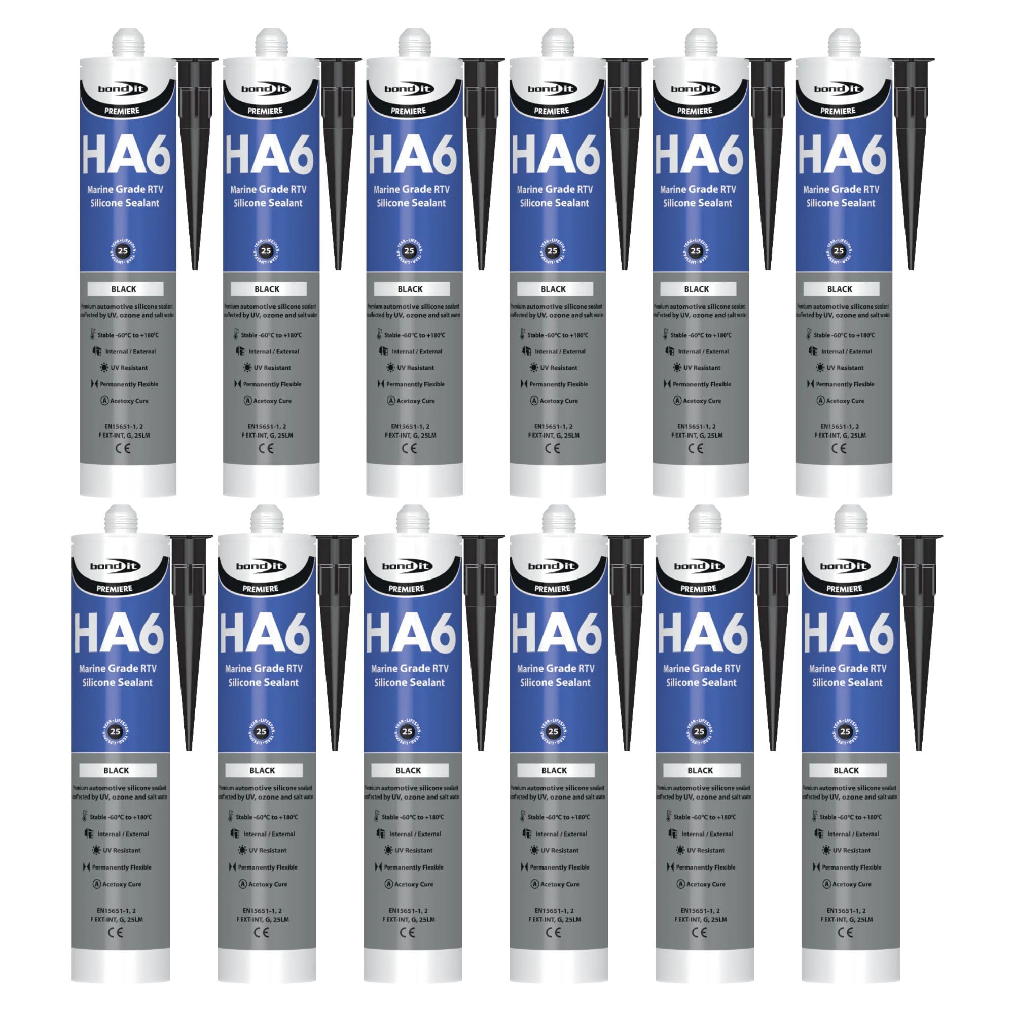 Bond It HA6 High Modulus Marine Silicone Sealant – 12x Black, 310ml | Aquarium-Safe – UV & Saltwater Resistant – Waterproof – Flexible | Ideal Sealant for Glass – Gaskets – & High Movement Joints
