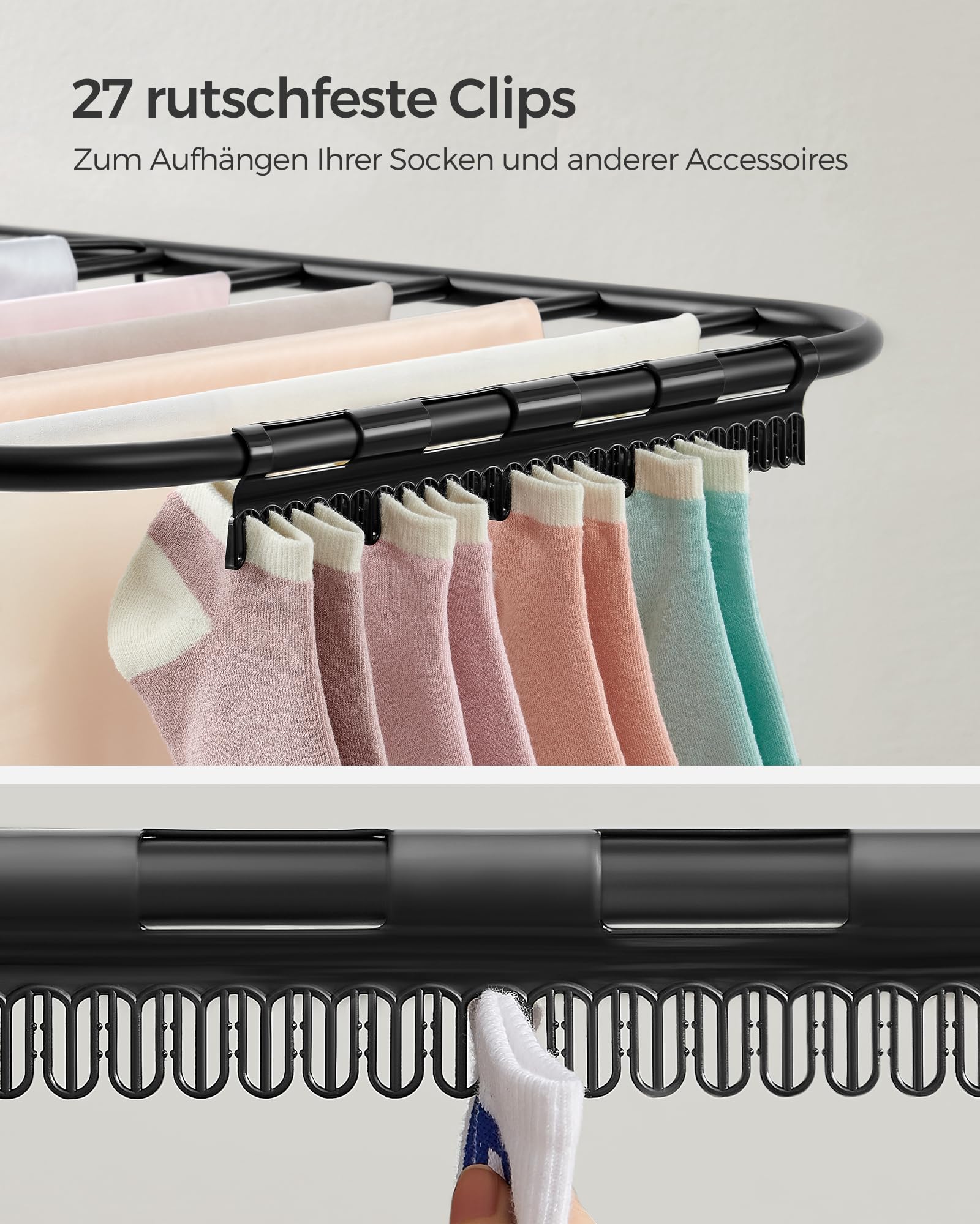 SONGMICS Wäscheständer, Faltbarer Wäscheständer, Wäscheständer mit höhenverstellbaren Flügeln, freistehender Wäscheständer, Innen- und Außenbereich, Stahl, Schwarz LLR502B01