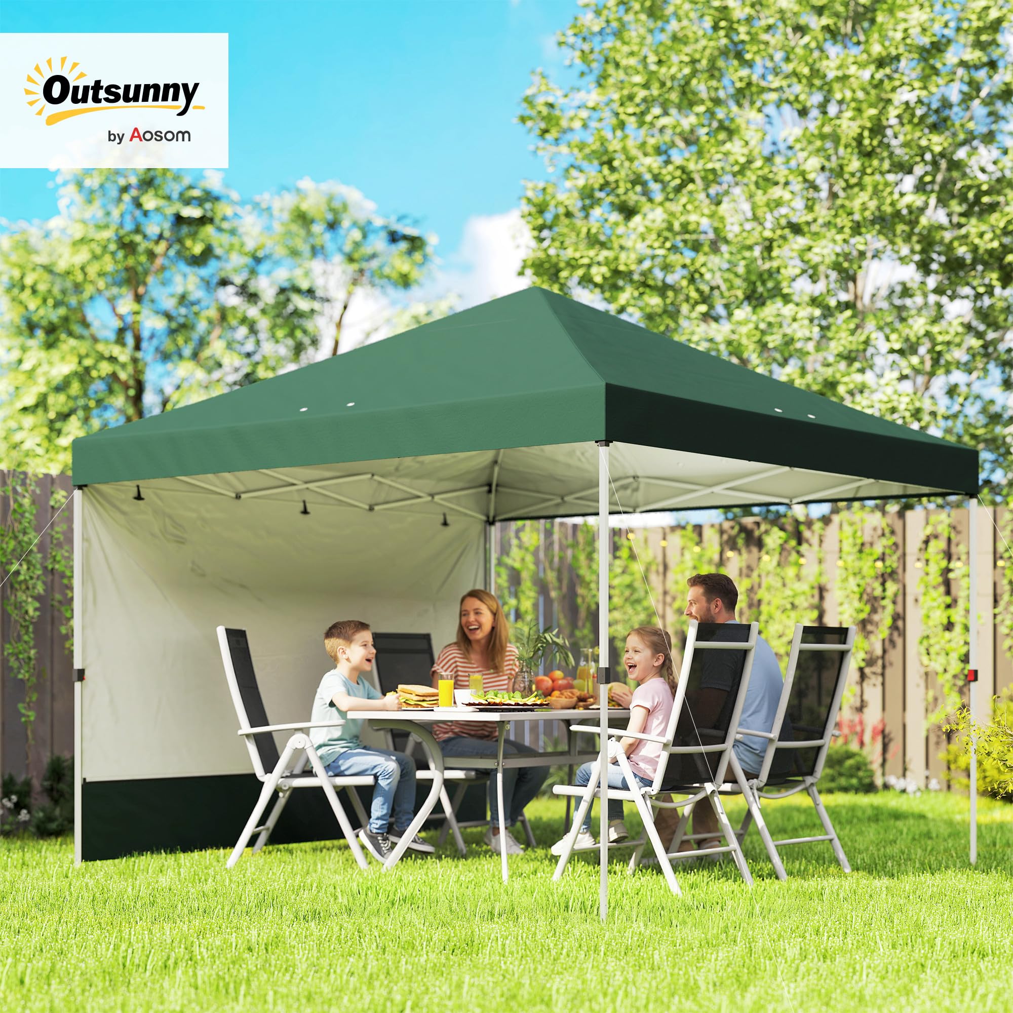 Outsunny Carpa Plegable 3x3 m, Pop-up, con Pared Lateral, Cenador de Jardín con Protección UPF50+, Empuje Central, Altura Ajustable, Bolsa de Transporte, Gazebo para Camping, Exterior, Verde