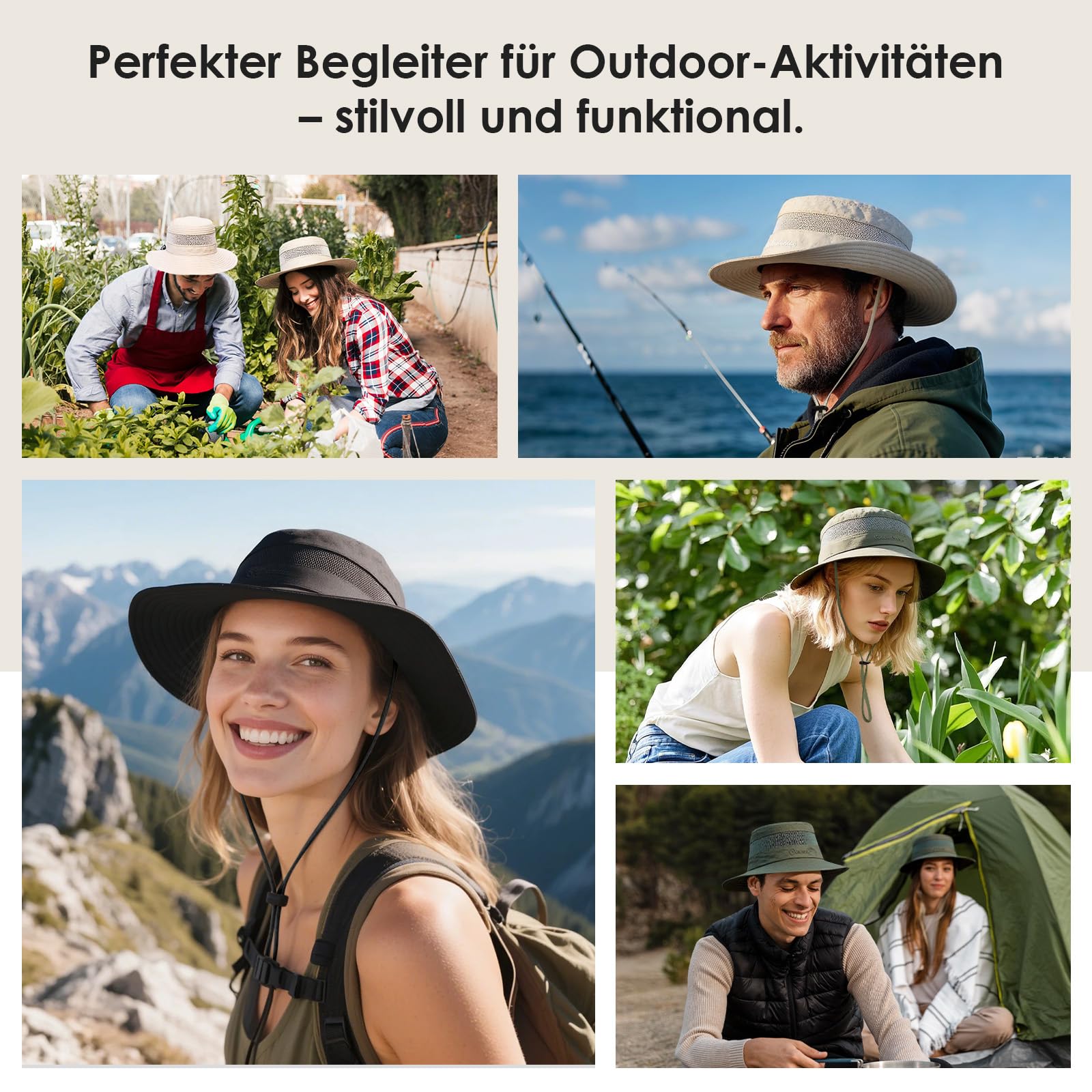 Durio Sombrero de sol para hombre y mujer, para exteriores, verano, senderismo, protección UV, con correa para la barbilla, sombrero de pescador, sombrero de safari, plegable, malla ancha, sombrero de