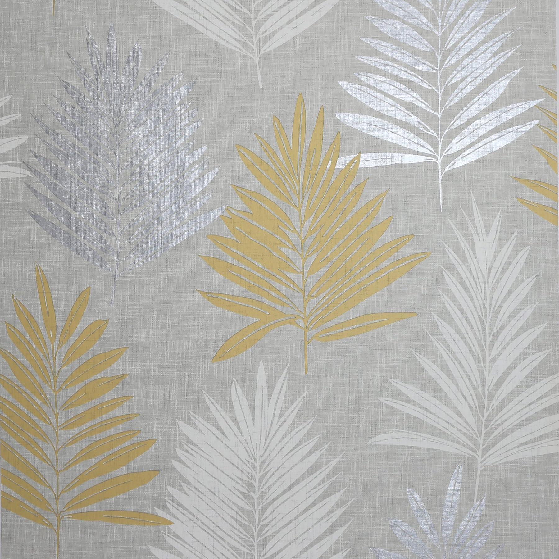Linen Palm Ochre/Grey Wallpaper | Contemporary Leaf Design in Ochre, Silver, and White | Textured Linen Effect Background | Stylish Feature Wall Wallpaper | 1005 x 53cm