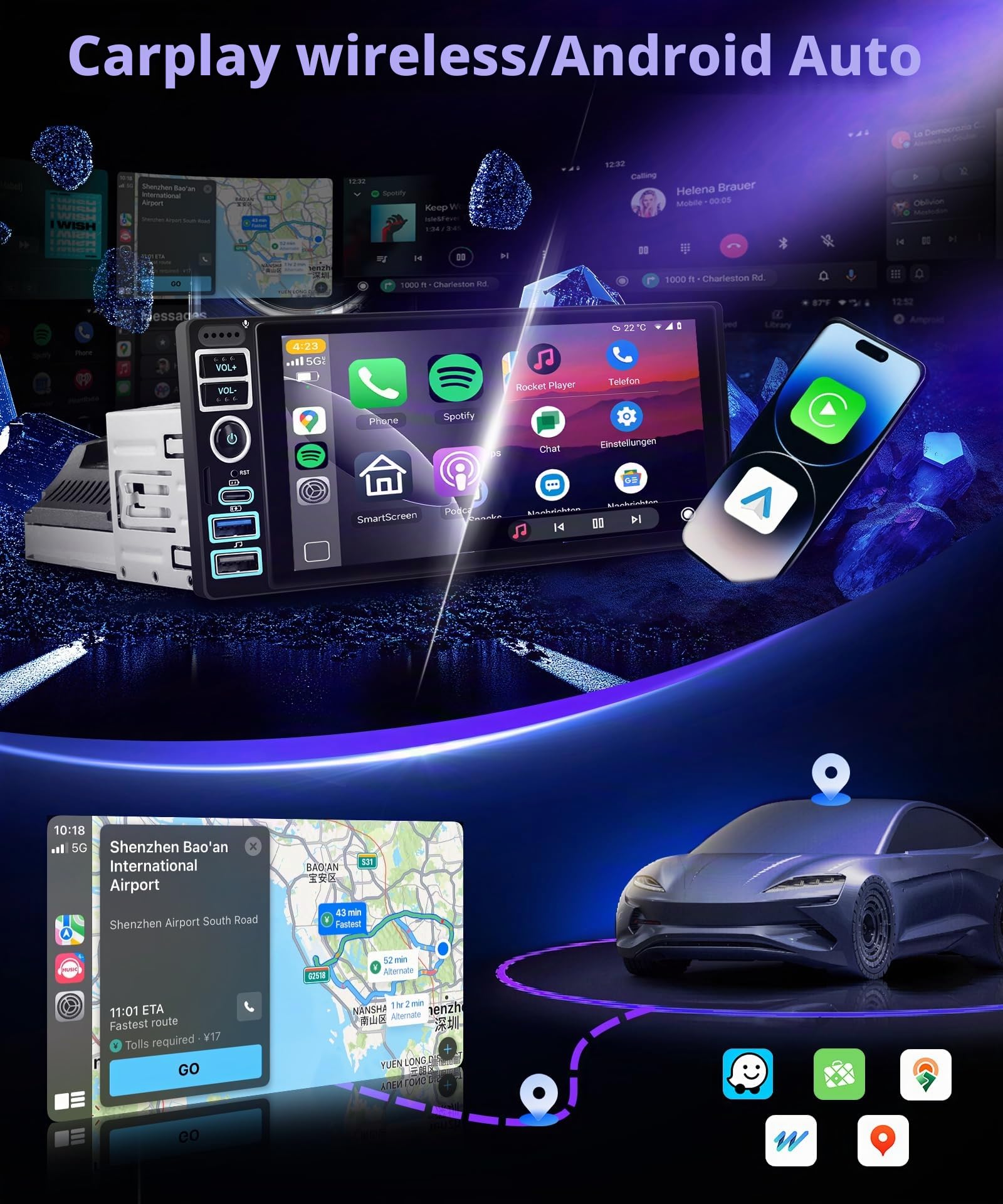 VECHTEL 4G+64G Android 15 Autoradio 1 Din con Carplay Android Auto senza Fili, 6.9 Pollici HD IPS Schermo Tattile Stereo Auto con Bluetooth 5.0 Radio FM RDS GPS Wi-Fi Mirror Link USB/Type-C Telecamera