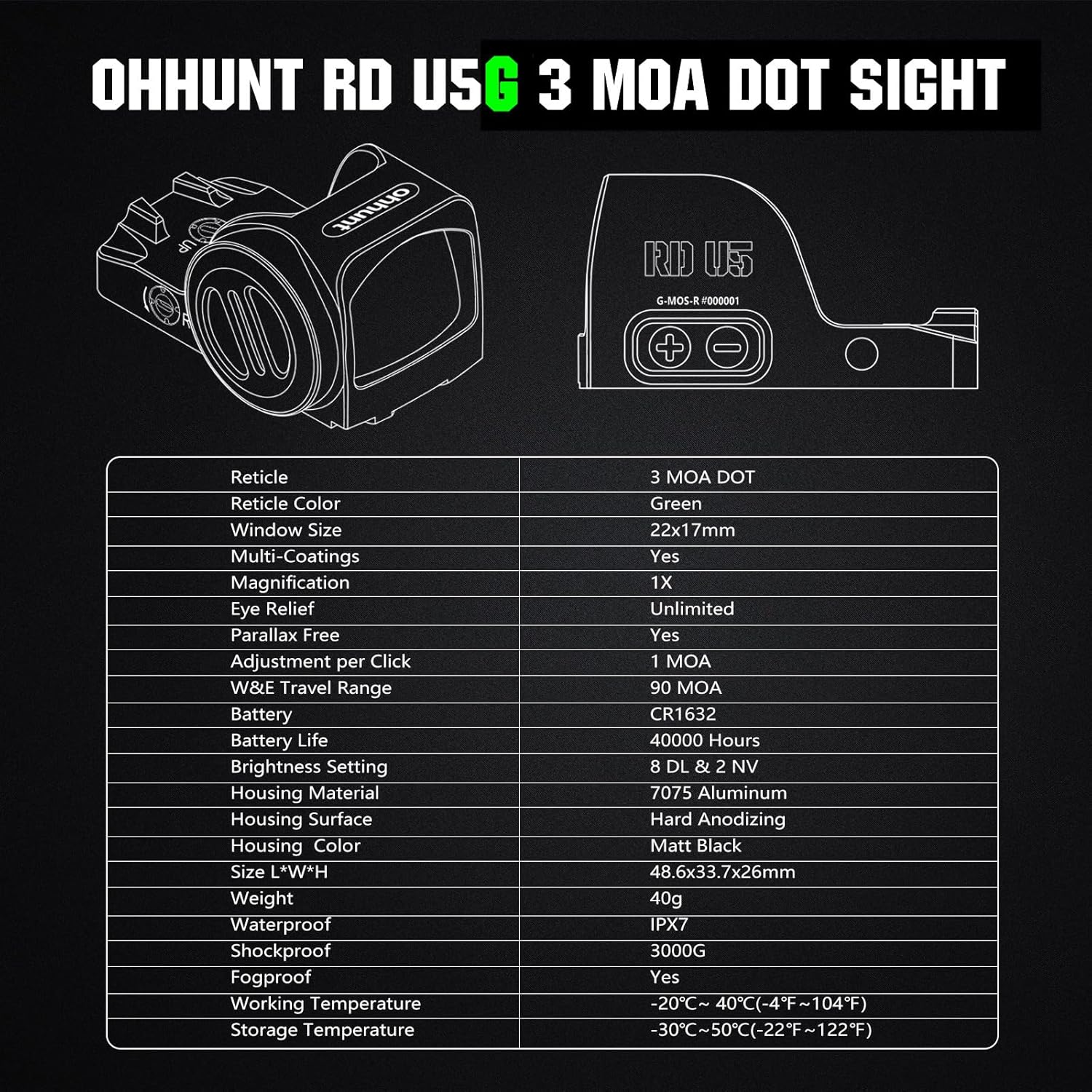 ohhunt RD U5 3 MOA Dot Open Reflex Sight 7075 Aluminum Compatible with Full-Size Glock MOS Systems 3000G Shockproof Optics Shake Awake Sight