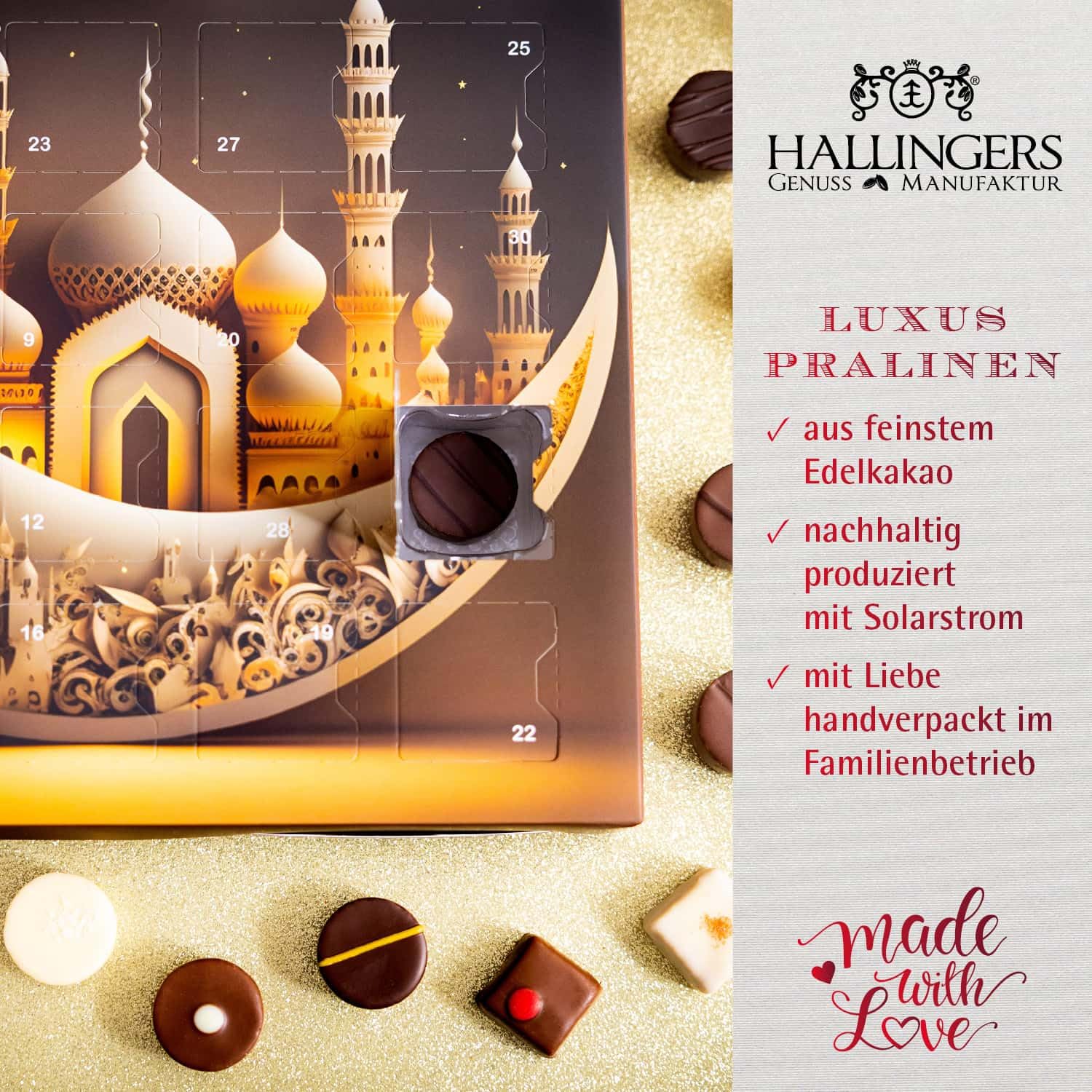 Hallingers Genuss Manufaktur Pralinen Halal Ramadan - ohne Alkohol, handmade aus Edelkakao in wertigem Softfeel-Karton "Ramadan - Kareem", Kareem Maburak für Frauen Männer