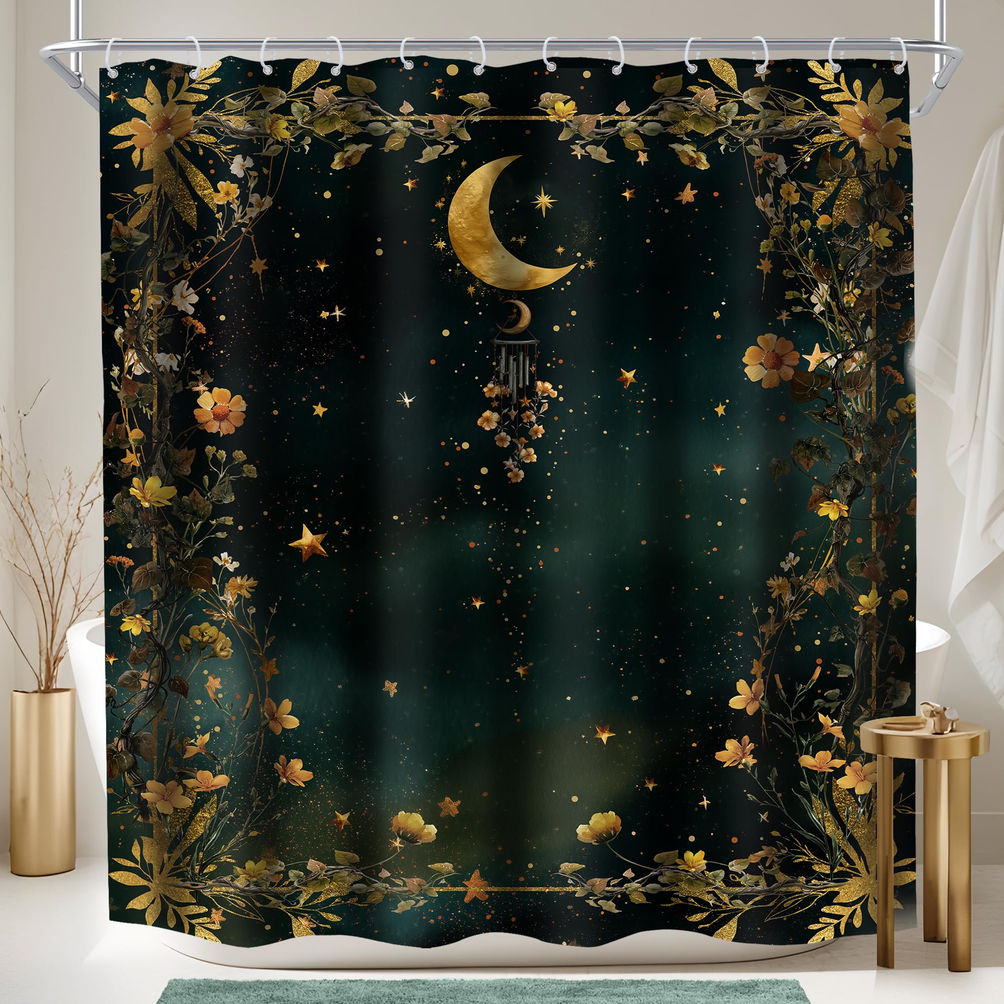 Imirell Dark Green Celestial Shower Curtain 72Wx72H Inches Vintage Mystic Moon Witchy Moonlit Starry Sky Pretty Wildflowers Mystery Gothic Fabric Waterproof Polyester with 12 Pack Hooks Plastic — image 1