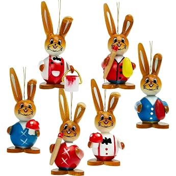 Sikora OD07 Easter Decoration Easter Bunny Figures Wooden for Hanging Set of 6 Height: 6 cm.